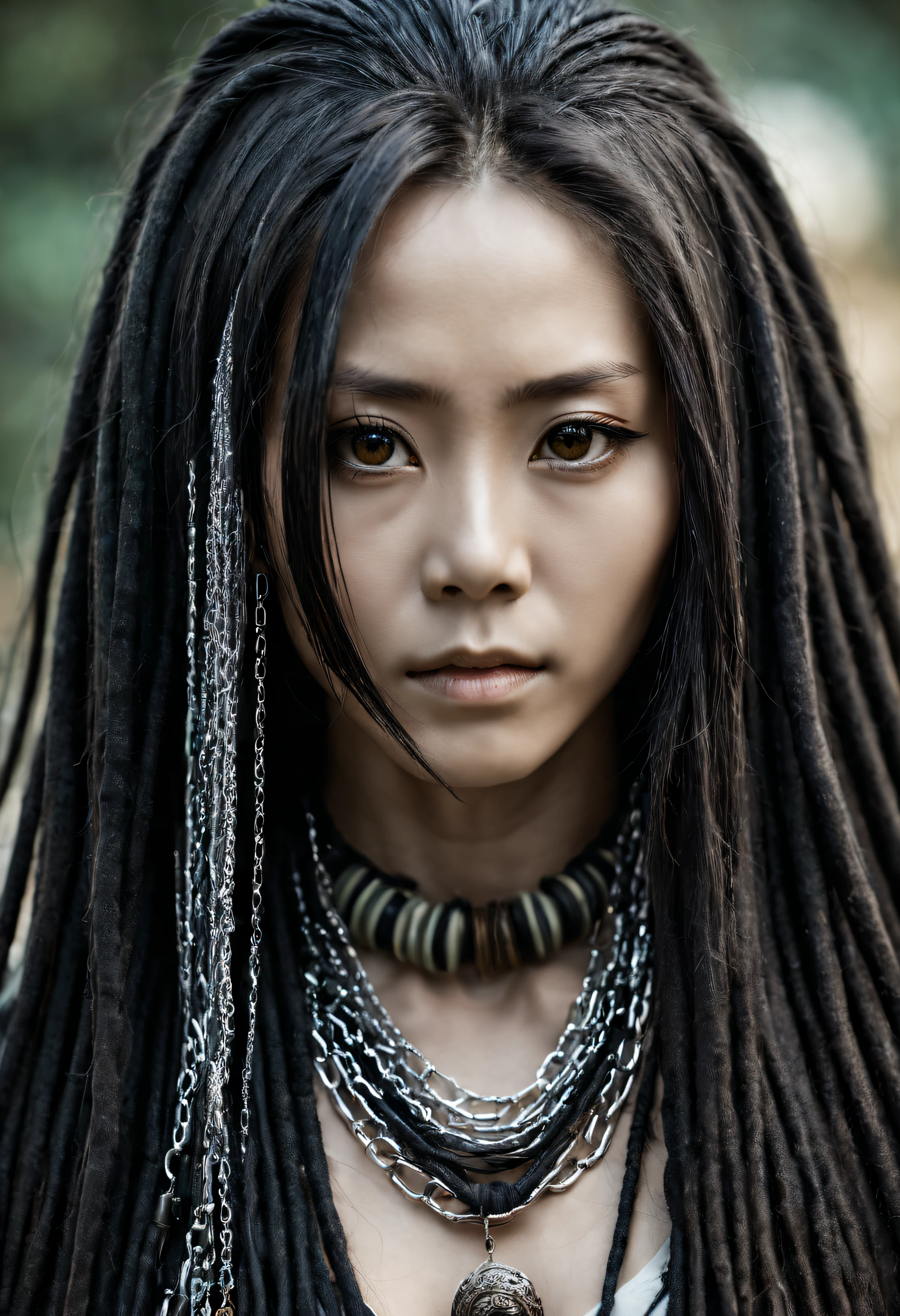 close up portrait photography, beautiful japanese female with very long black dreadlocks and loose hair, long beautiful slender elegant confident fine lined face, beautiful big brown eyes, elegant fine thin silver face chains accessories, fantasy tribal glamour inspired