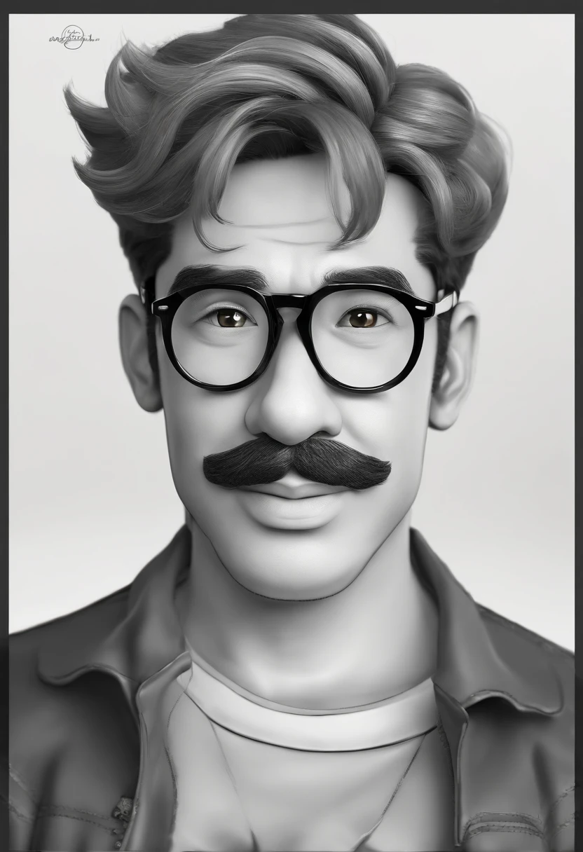 ((best quality)), ((master part)), ((desenhos animados realistas)), ((Personagem perfeito)) - Um retrato frontal meticulosamente detalhado e realista de um homem com cabelo raspado, glasses and a shirt with beautiful textures. O homem olha diretamente para o espectador, Establish a strong and confident presence. The image captures their distinctive facial features, accurately showing the brightness of your eyes and the design of your glasses. The black shirt is rendered with fine details, aumentando o profissionalismo do retrato. Enviado para documentos oficiais, this portrait is presented in impressive 8K UHD resolution, Ensure clarity and unique protection.