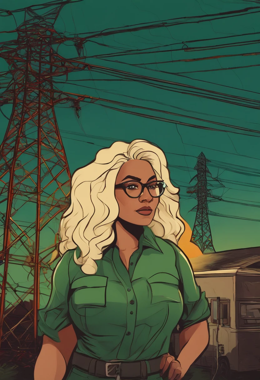 personagem dos desenhos animados uma mulher um pouco gorda, Electrical Engineer, cabelos castanhos com rabo de cavalo, Medium length and green eyes, eyeglass, Working on an electric power grid station