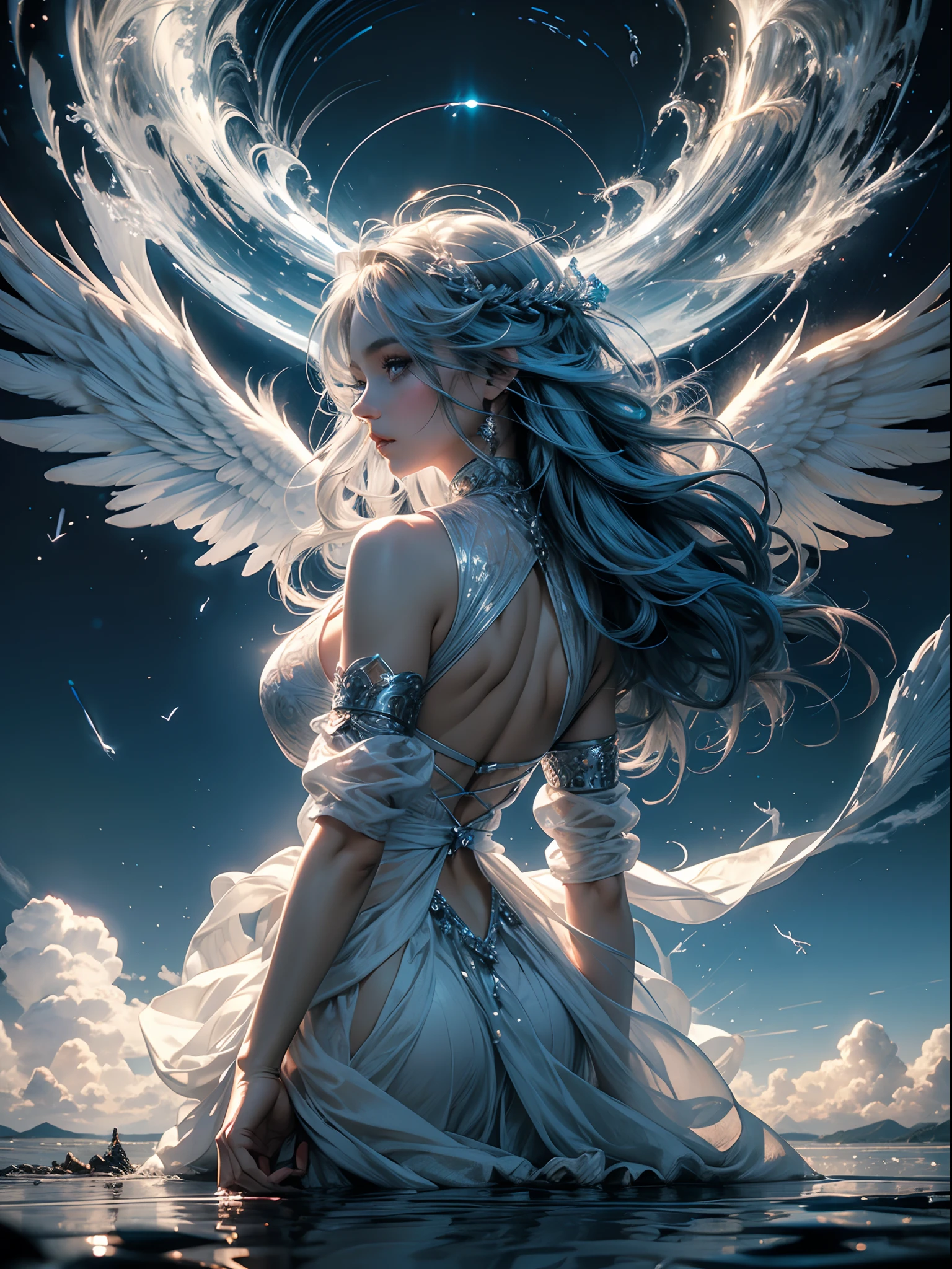 A woman in a white dress,Her clothes resemble ornate capes,Light and flowy,Let people feel endless freedom and comfort,(offcial dress)(Delicate and beautiful dress)(Need)), ((tmasterpiece)), (A detailed), Enchanting succubus, Ethereal beauty, Inhabit the clouds, (fantasy illustrations:1.3), Seductive gaze, Charming pose, Delicate wings, otherworldly charm, Mysterious Sky, (Luis Royo:1.2), (Yoshitaka Amano:1.1), Moon Night, pastelcolor, (Detailed cloud view:1.3), (A high resolution:1.2)