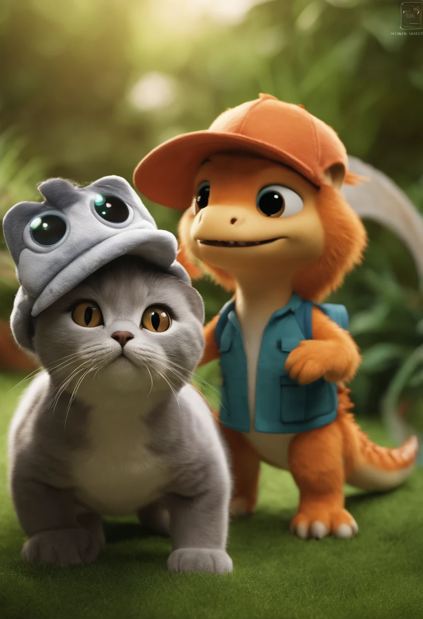 Um garotinho coma cabelos loiros, olhos azuis, Dinosaur Outfit and Dinosaur Cap, com um gato preto e branco sentado ao lado, On a lawn backdrop, estilo pixar, alta qualidade