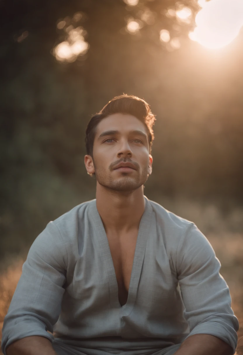 Homem negro, lindo de cabelo curto enrolado，Feche os olhos，bigode preto， sitting in a meditation position,  As the sun sets, Relacionado ao sagrado, fotos de retrato,  Surrealismo 8k,