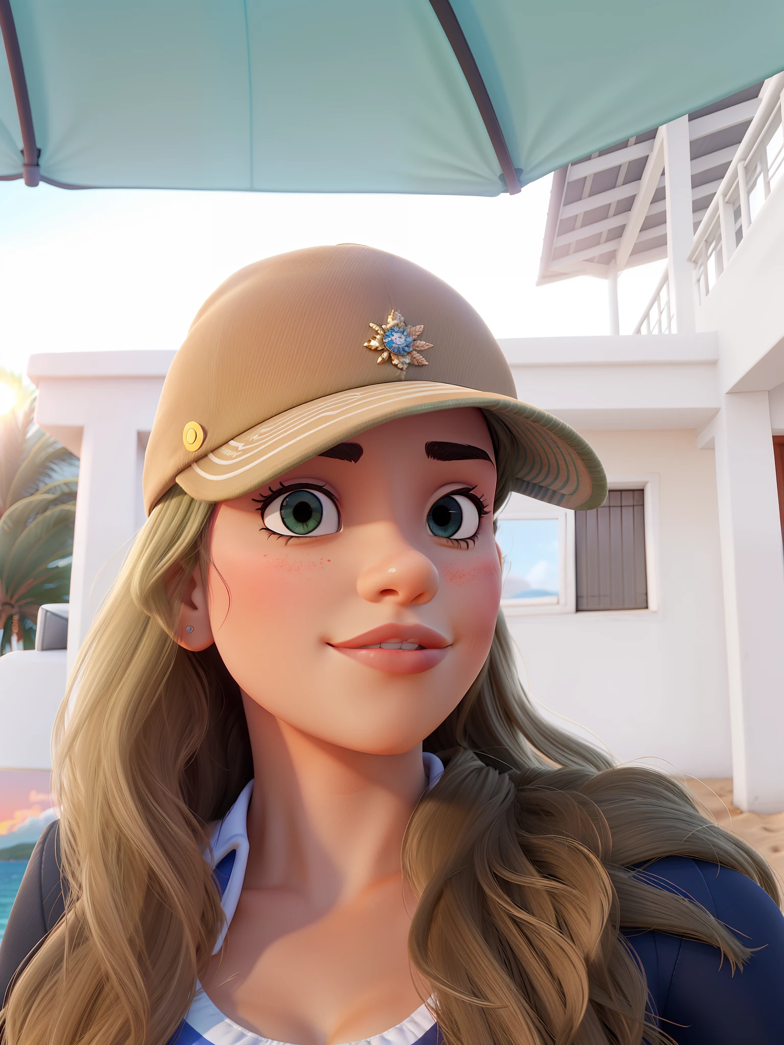 Mulher brasileira, na frente, por do sol ao fundo e mar ao fundo