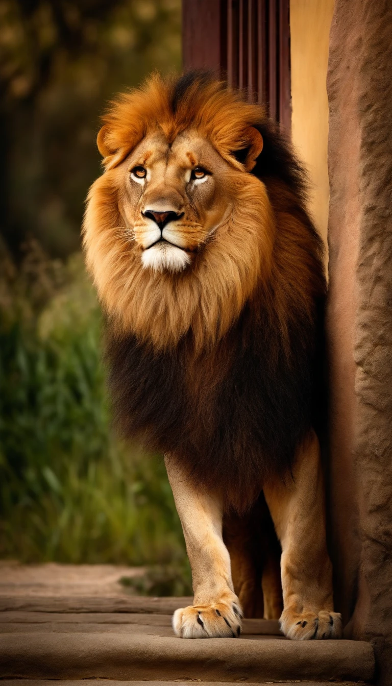 The lion who had been dressed stood at the door