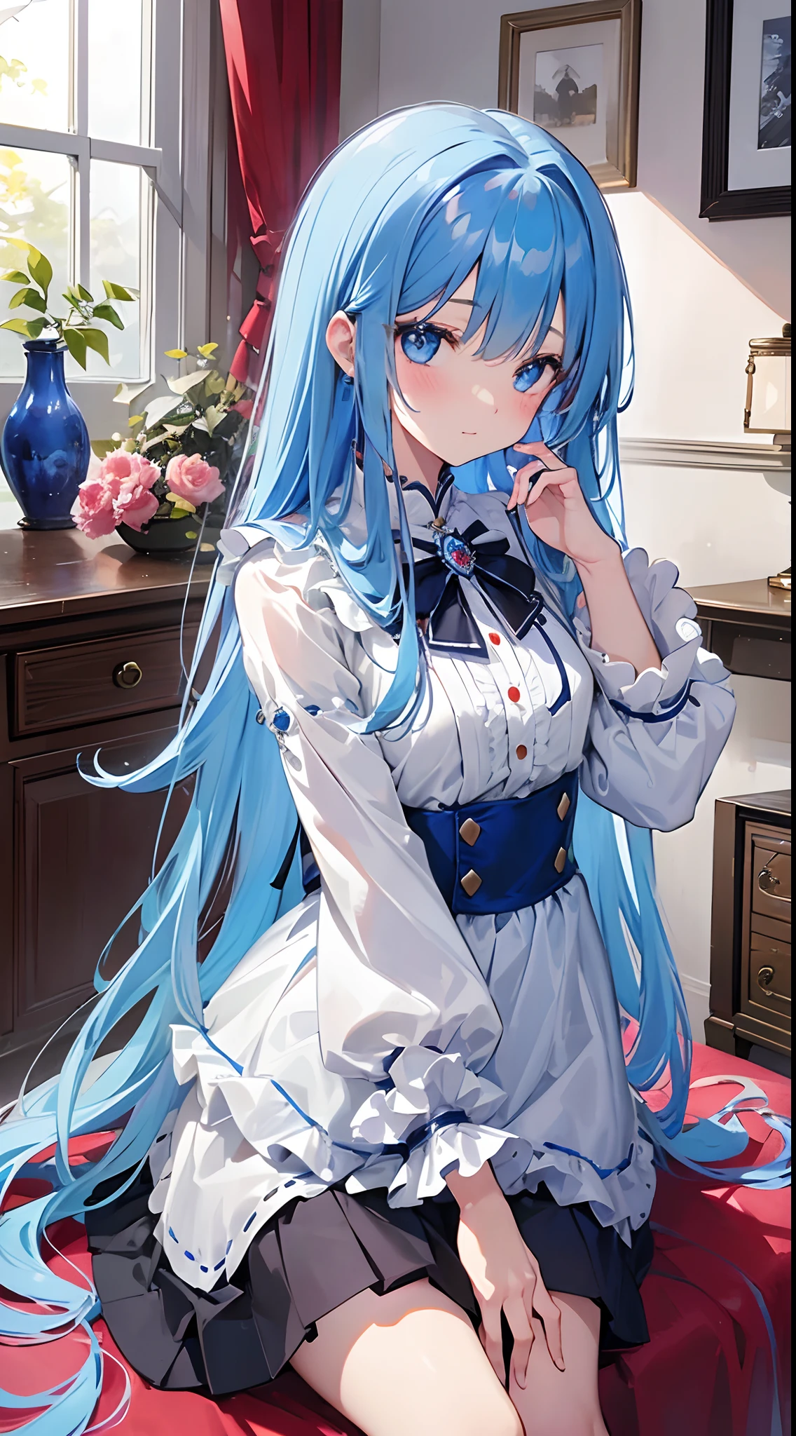 1 cute girl、独奏、8K resolution、blue eyess、(Long blue hair、Tied hair、Colorful jewel-encrusted hair)、(finer hair)、nice hand、perfect hand、Soft look、red blush、 Long sleeve blouse、skirt by the、Antique windowsill and furniture store(A slight smil、look up to)