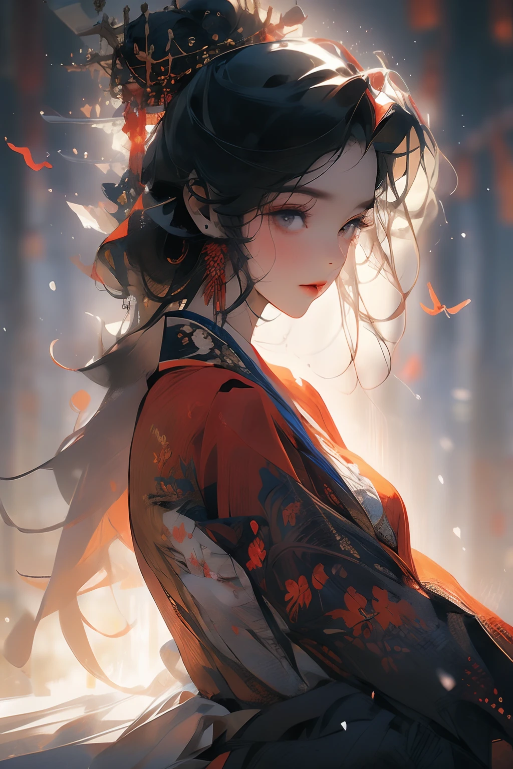 gufengnvhai,jpn-girl,hanfu,open eyes,1girl, about 25 years old, wearing a fiery red tulle Hanfu, sitting on the cleavage lake, raining gradient in heavy fog, low visibility foggy mystery, surreal edge light and shadow dramatic lighting (Sam Bosma style artwork: 1.5)