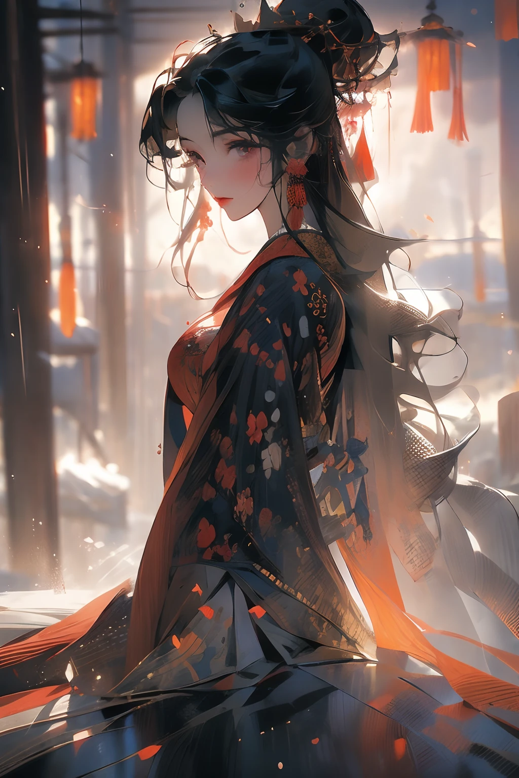gufengnvhai,jpn-girl,hanfu,open eyes,1girl, about 25 years old, wearing a fiery red tulle Hanfu, sitting on the cleavage lake, raining gradient in heavy fog, low visibility foggy mystery, surreal edge light and shadow dramatic lighting (Sam Bosma style artwork: 1.5)