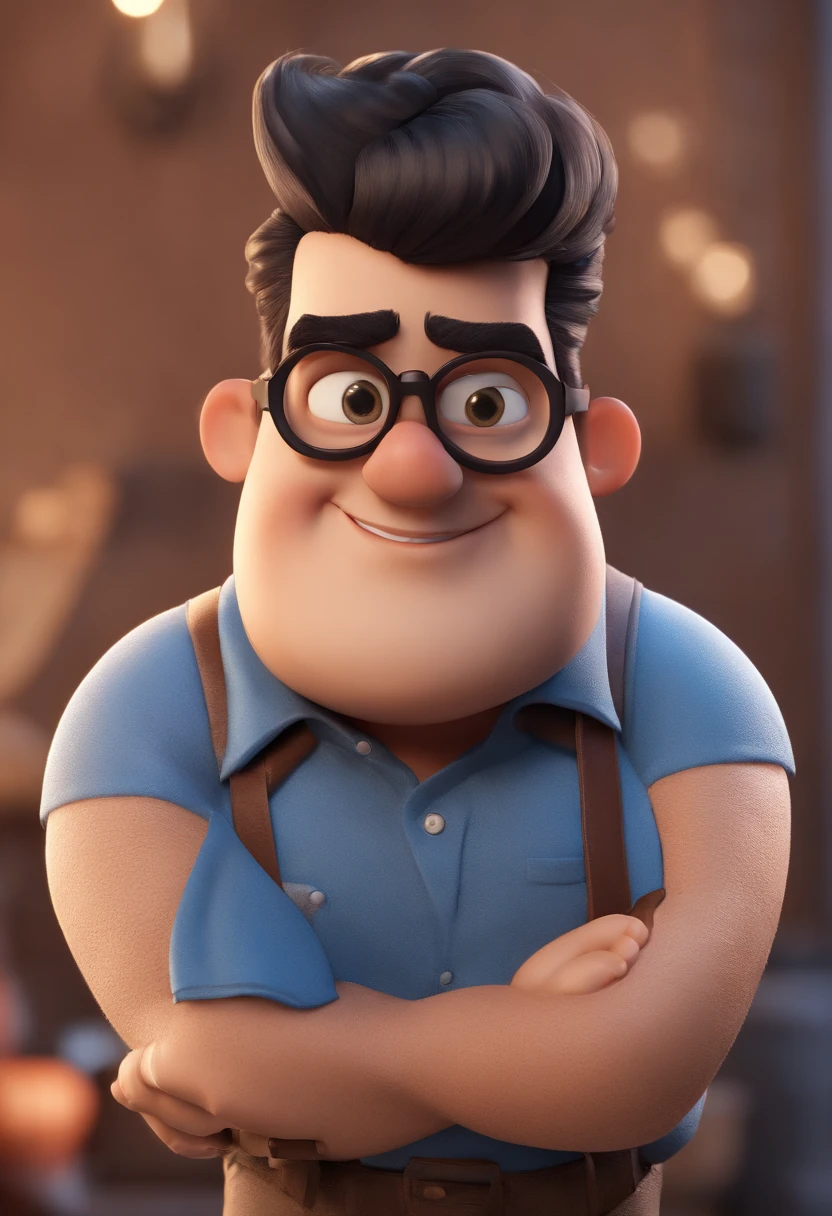 Cartoon character of a chubby man wearing black glasses and a blue shirt with ink stains, um personagem animado, Caractere estilizado, animation style rendering, 3D estilizado, Arnold Maya render, 3 d render stylized, toon render keyshot, Personagem 3D, Personagem 3D, 3d rendering stylized, 3 d character render, personagem de desenho animado, Personagem de close up, Pose de personagem, (Estilo Pixar) (master part:1.2) (Bokeh) (best quality) (pele detalhada) (textura detalhada) (8k) (argila) (Cinematic lighting) (foco nítido,Senta e vaza a parte superior do corpo