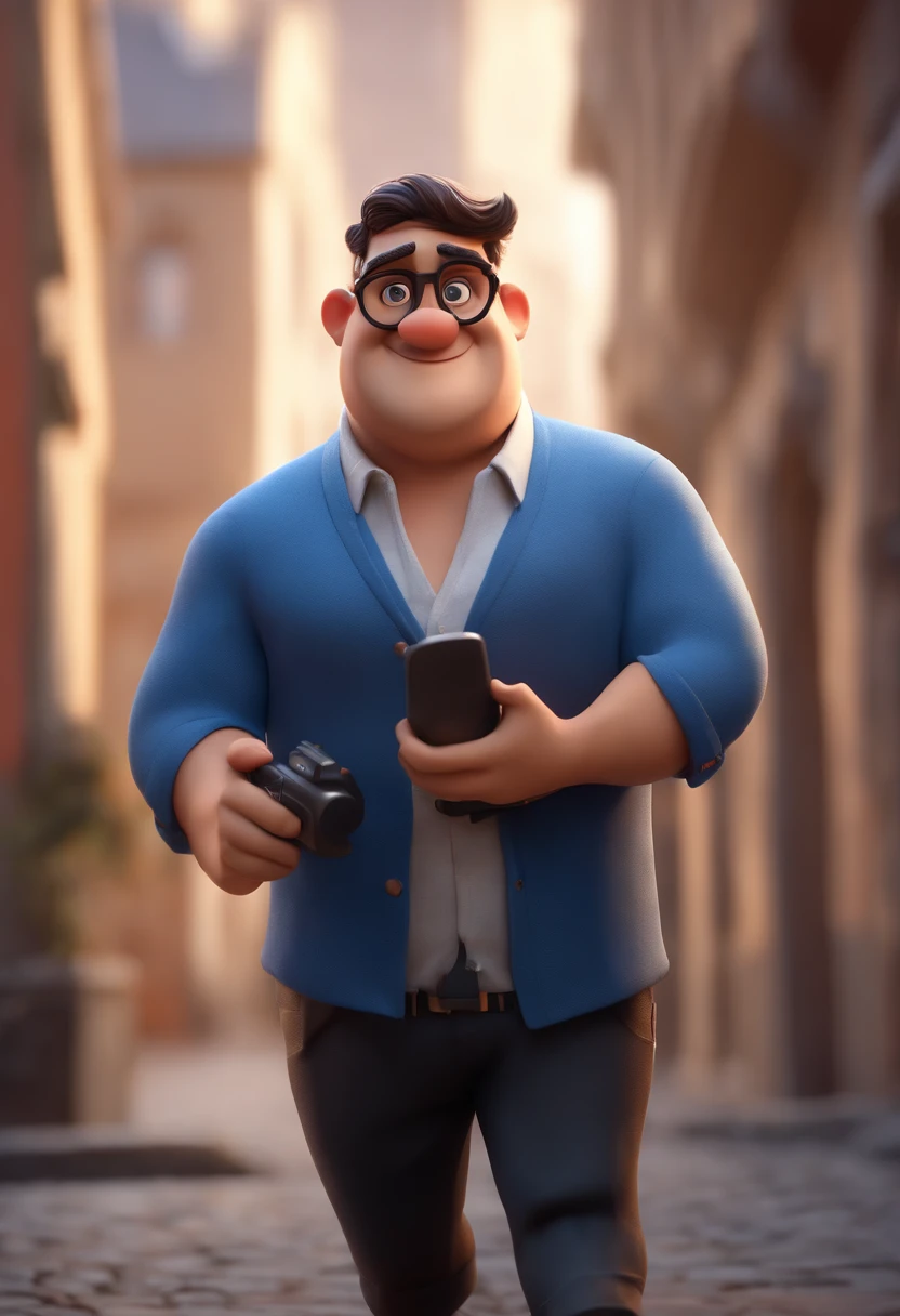 Cartoon character of a chubby man wearing black glasses and a blue shirt with ink stains, um personagem animado, Caractere estilizado, animation style rendering, 3D estilizado, Arnold Maya render, 3 d render stylized, toon render keyshot, Personagem 3D, Personagem 3D, 3d rendering stylized, 3 d character render, personagem de desenho animado, Personagem de close up, Pose de personagem, (Estilo Pixar) (master part:1.2) (Bokeh) (best quality) (pele detalhada) (textura detalhada) (8k) (argila) (Cinematic lighting) (foco nítido,Senta e vaza a parte superior do corpo