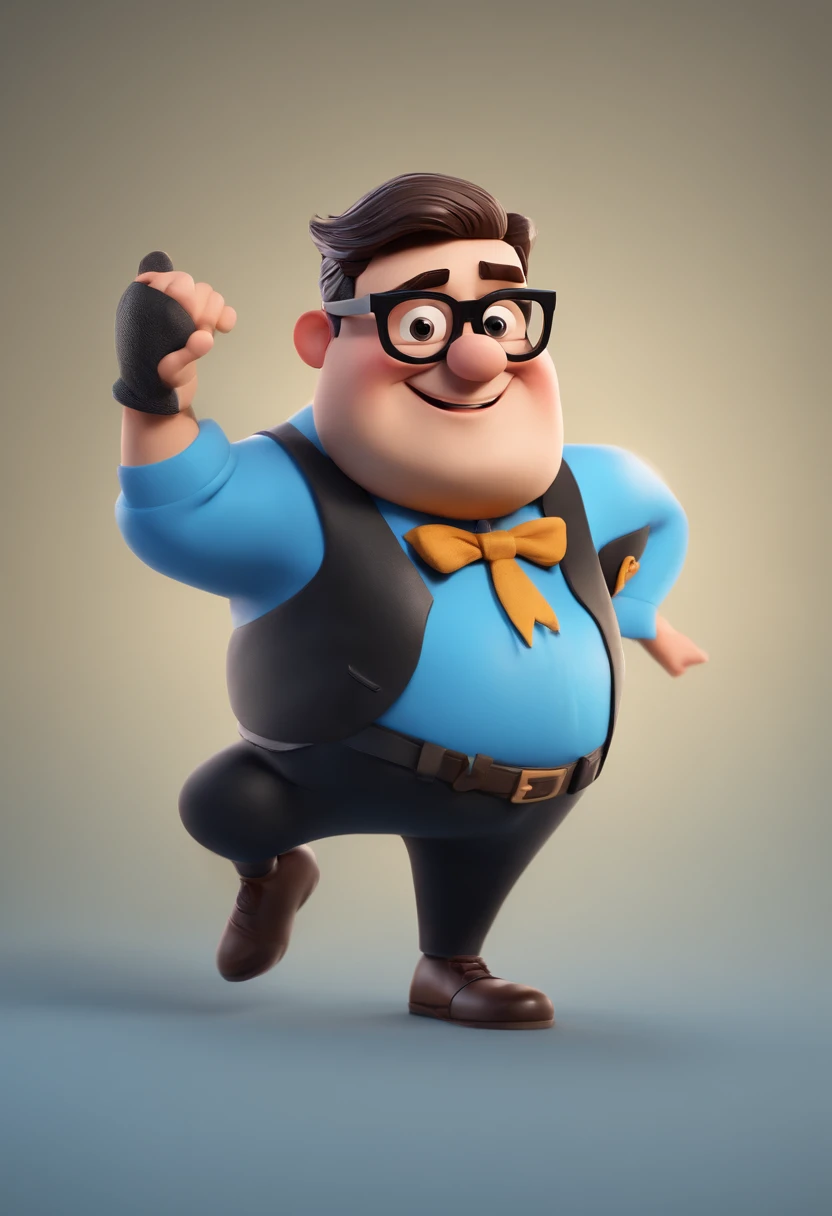 Cartoon character of a chubby man wearing black glasses and a blue shirt with ink stains, um personagem animado, Caractere estilizado, animation style rendering, 3D estilizado, Arnold Maya render, 3 d render stylized, toon render keyshot, Personagem 3D, Personagem 3D, 3d rendering stylized, 3 d character render, personagem de desenho animado, Personagem de close up, Pose de personagem, (Estilo Pixar) (master part:1.2) (Bokeh) (best quality) (pele detalhada) (textura detalhada) (8k) (argila) (Cinematic lighting) (foco nítido,Senta e vaza a parte superior do corpo