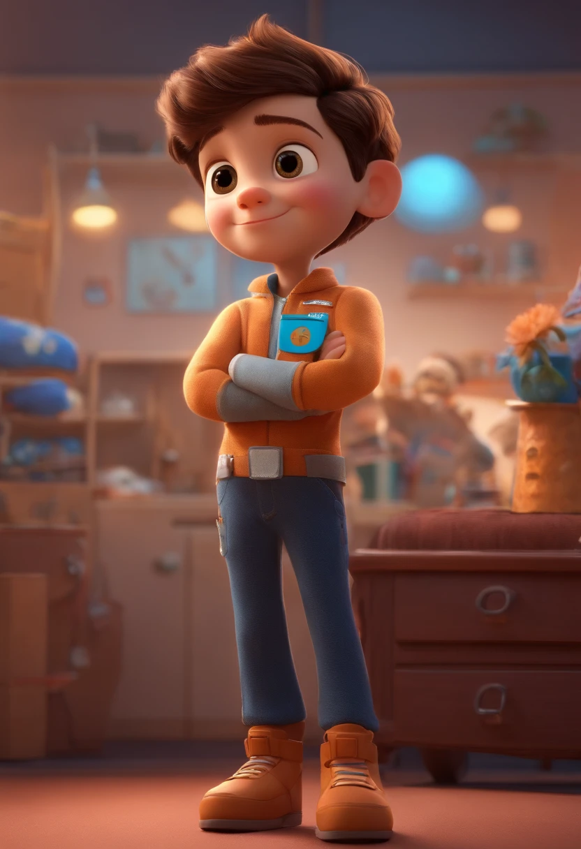 a happy ars standing short hair, vestindo uma fantasia espacial, , fundo espacial, barnet, Tom, Estilo Pixar, ....3d, desenhos animados, rosto detalhado, loiro, asymmetrical 16k