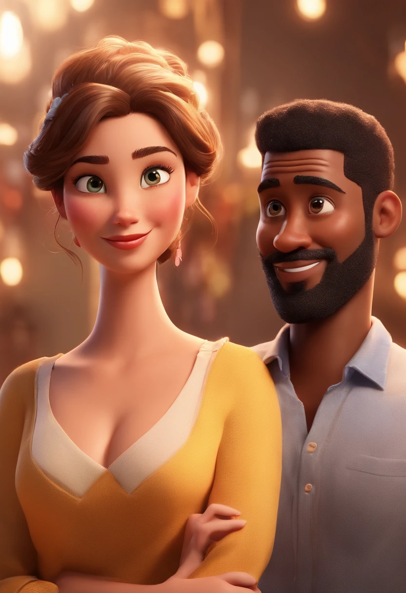 An illustration of an adorable couple, Highlighting a man and a beautiful white-skinned woman – the black man's hair is brown and he has a sawn beard, while the woman's hair is tied in a bun and brown are a shiny space, Todos com um sorriso no rosto, e compartilhe um momento especial, That is marked by love, viagem, e Ilustre esta cena a partir de uma perspectiva, where they're facing away from the camera, Show Your Connection. Desenvolva esta arte em Full HD, Focus on your cinematic touch, Estilo Disney Pixar Animations