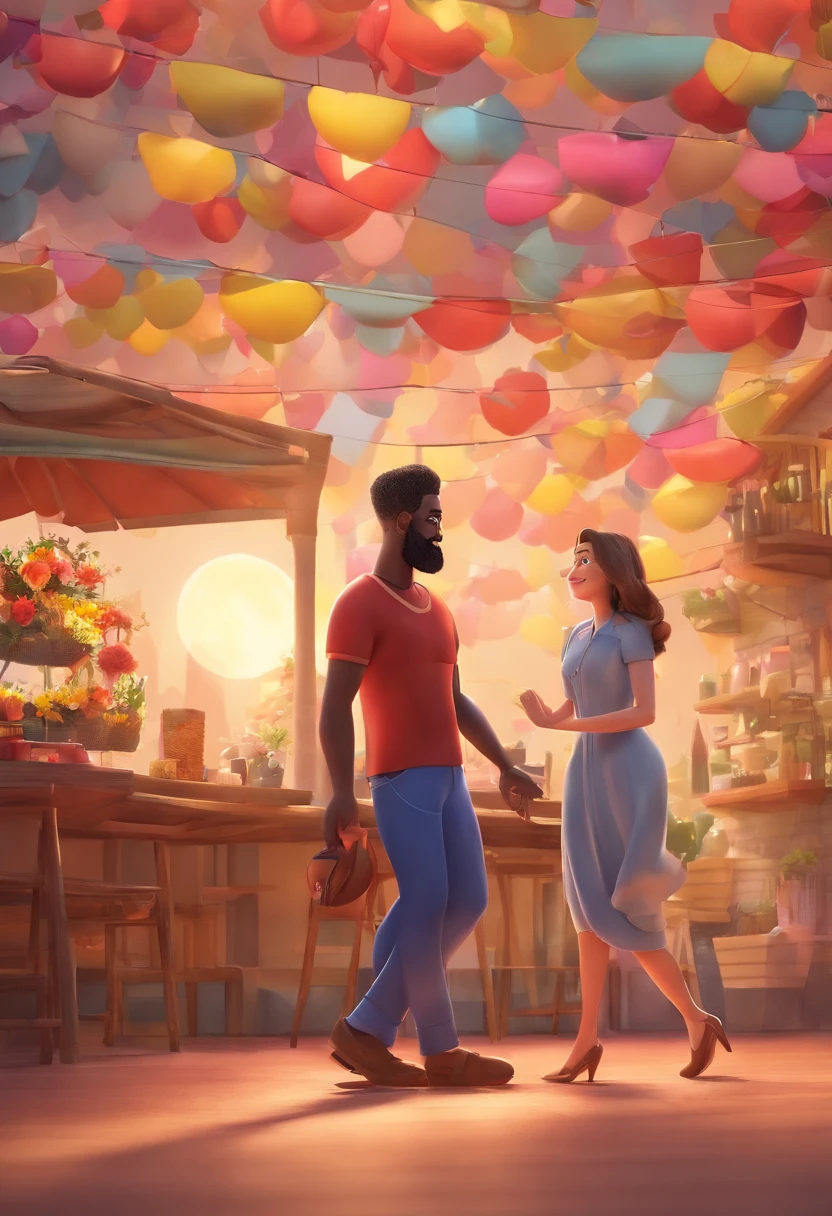 An illustration of an adorable couple, Highlighting a man and a beautiful white-skinned woman – the black man's hair is brown and he has a sawn beard, while the woman's hair is tied in a bun and brown are a shiny space, Todos com um sorriso no rosto, e compartilhe um momento especial, That is marked by love, viagem, e Ilustre esta cena a partir de uma perspectiva, where they're facing away from the camera, Show Your Connection. Desenvolva esta arte em Full HD, Focus on your cinematic touch, Estilo Disney Pixar Animations