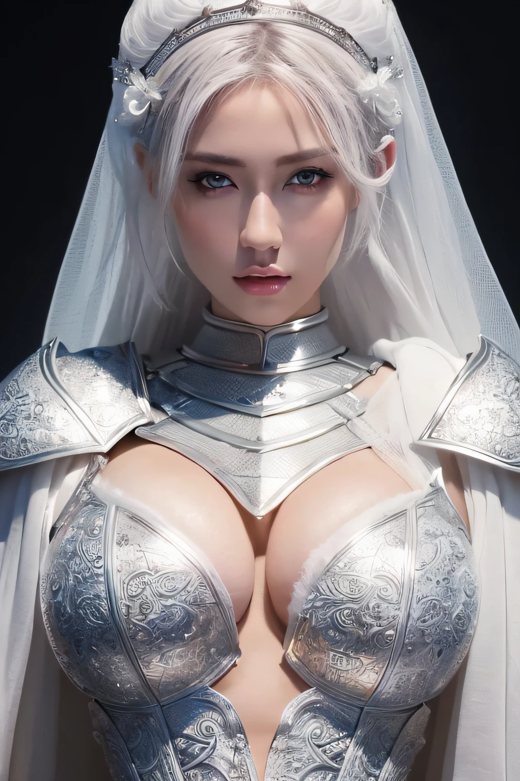 (top-quality,8K,​masterpiece,A hyper-realistic),Female Knight in White Armor,(A detailed eye,beautidful eyes,Detailed skin,Detailed lips,lipgloss),black woman,Colossal tits,Constriction,(Detailed Armor,Precision armor,Luxurious armor),