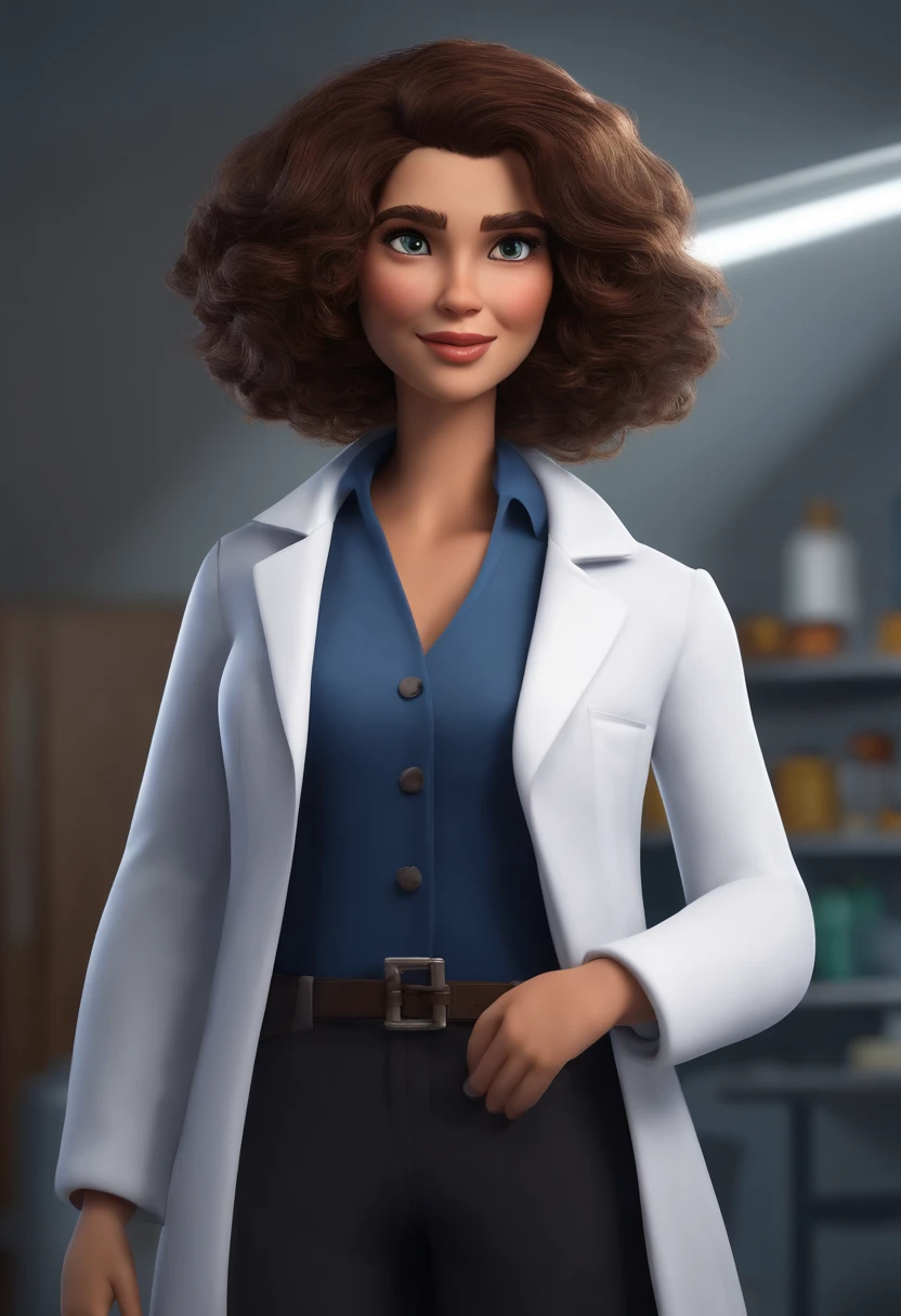 Create a pixar-style character inside a lab coat.  Cabelo castanhos com mechas mais claras pelo ombro liso com 46 anos magra