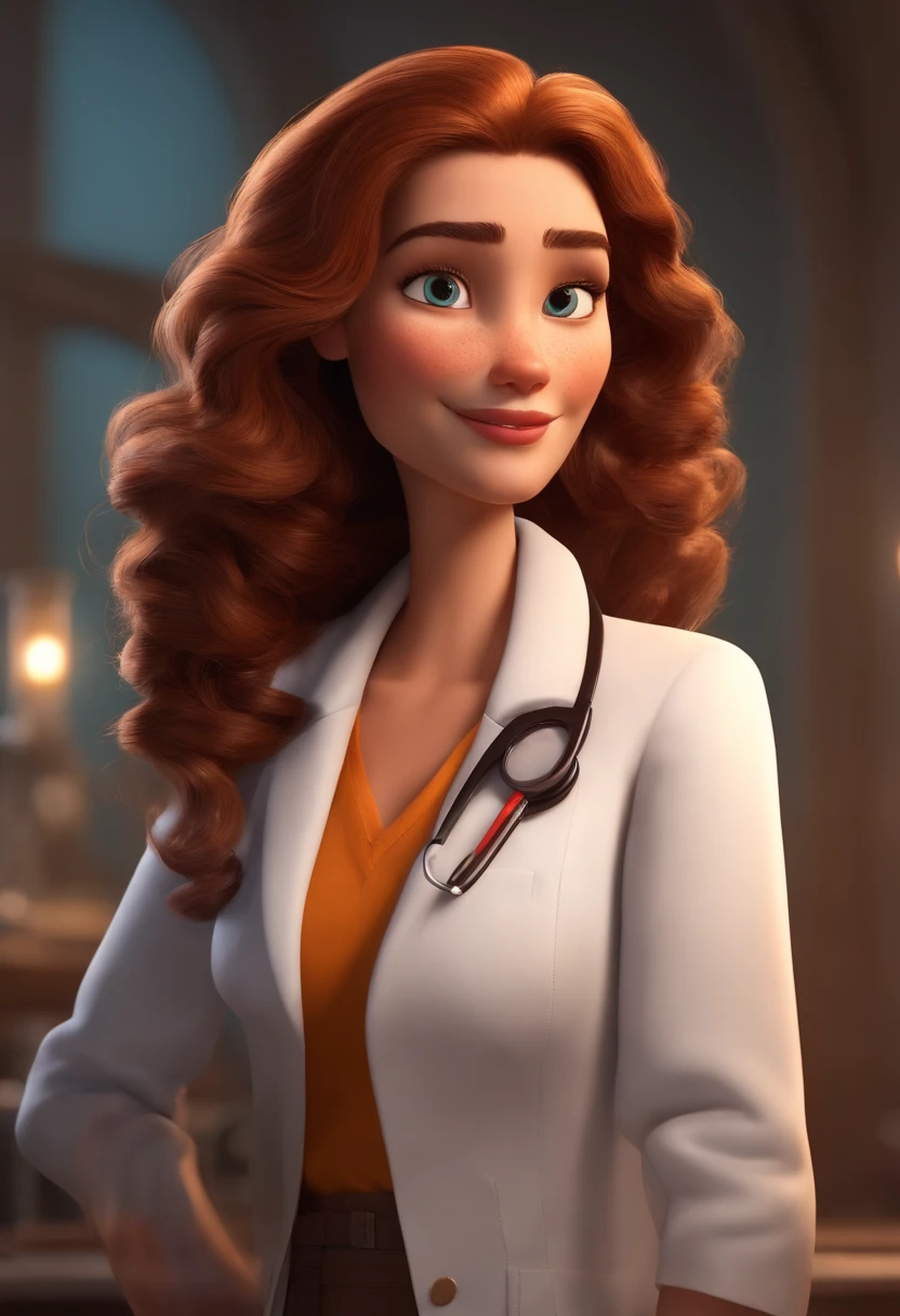 Create a pixar-style character inside a lab coat. Cabelo castanhos com mechas mais claras pelo ombro liso com 46 anos magra