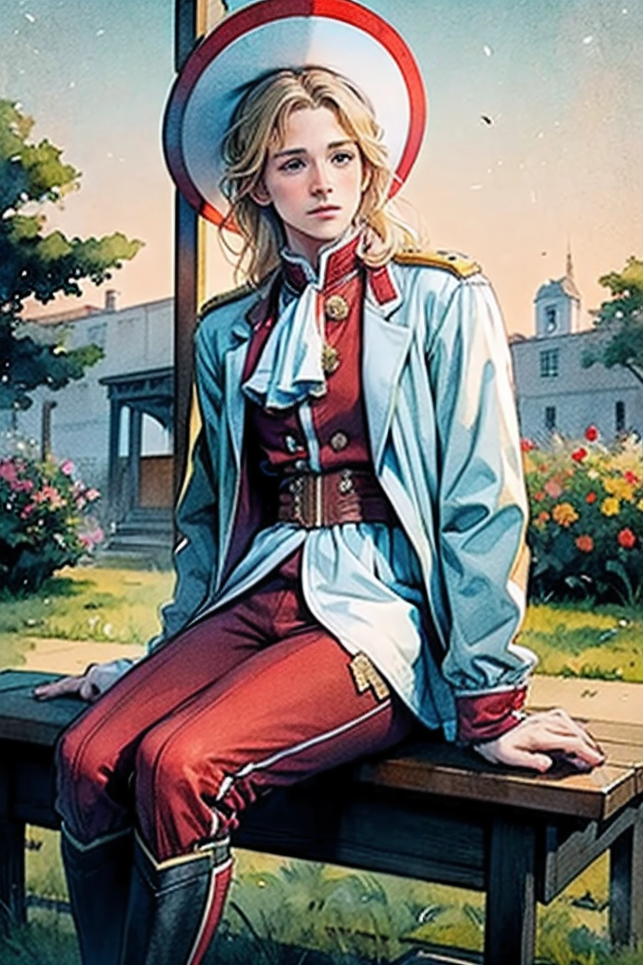 Middle-aged Ryan Gosling wearing 1790s XVIII century Austrian military uniform (red breeches and white coat with red & gold trimmings) and a black tricorn hat. Blond hair in a queue. He is sitting on a stone bench in front of viewer with gardens in the background, looking into the distance. Frontal view. Sad expression. golden hour. Summer evening. Watercolors, pencil. Quick rough sketch with few details. Realistic, minimalistic, 2.5d