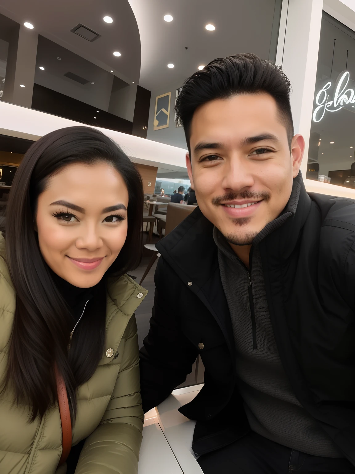 There's a man and a woman sitting together in a restaurant, Tyler Edlin e Natasha Tan, Jordan Grimmer e Natasha Tan, em um shopping, Casal feliz, Fotografia selfie 8k, Alanis Guillen, instagram post, facebook post, Lovely couple, Pablo Carpio e Jordan Grimmer, Postagem 4k, 4 k post, Sidney Lugo, vacation photo