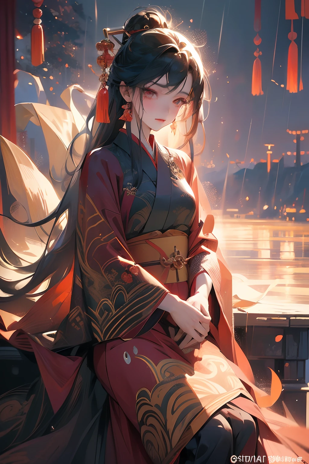 Ancient wind and sea,japanaese girl,Hanfu,Open eyes,1girll, About 25 years old, Wearing a fiery red tulle hanfu, Sitting on the Split Lake, Slope of rain in fog, Low visibility fog mysterious, Surreal edge light and shadow dramatic lighting (Sam Bosma(Sam Bosma)Style of artwork: 1.5)