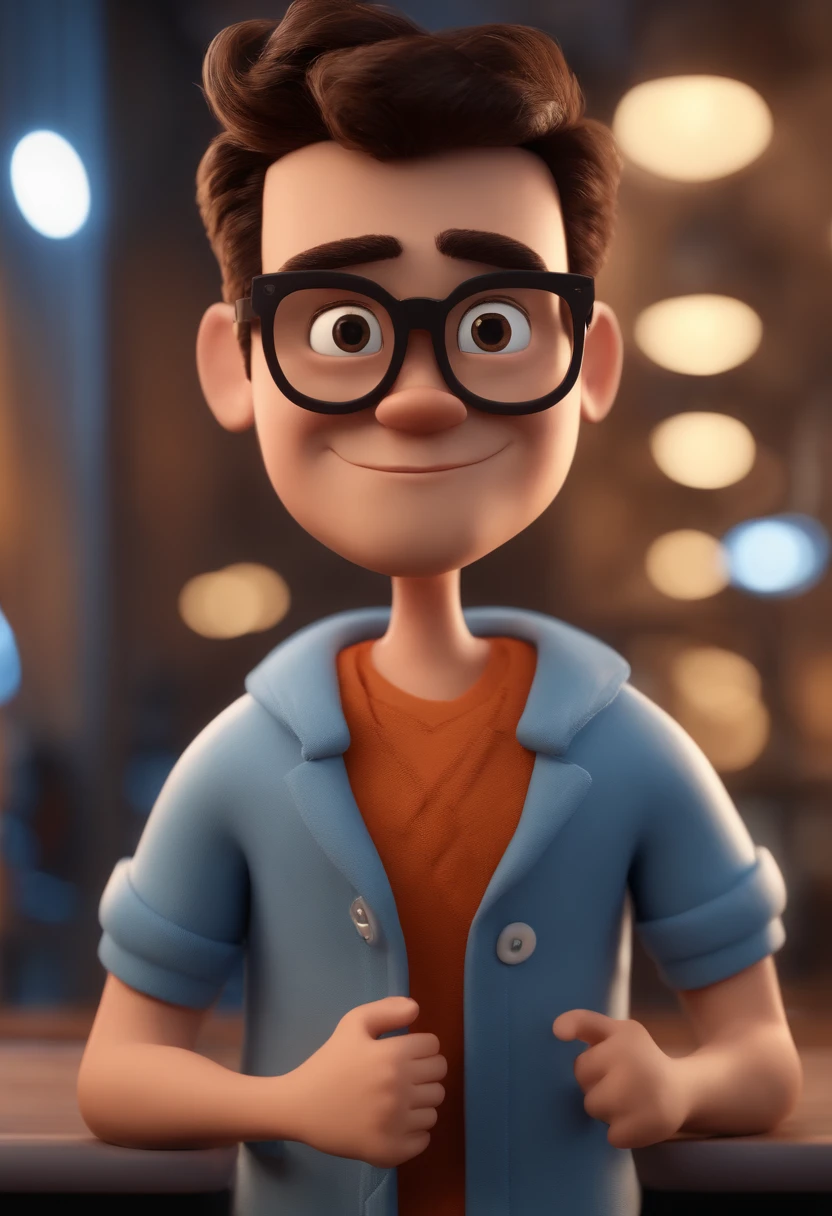 Cartoon character of a man with black glasses and a blue shirt, animation character, Caractere estilizado, animation style rendering, 3D estilizado, Arnold Maya render, 3 d render stylized, toon render keyshot, Personagem 3D, Personagem 3D, 3d rendering stylized, 3 d character render, personagem de desenho animado, Personagem de close up, Pose de personagem, (Estilo Pixar) (master part:1.2) (Bokeh) (best quality) (pele detalhada) (textura detalhada) (8k) (argila) (Cinematic lighting) (foco nítido