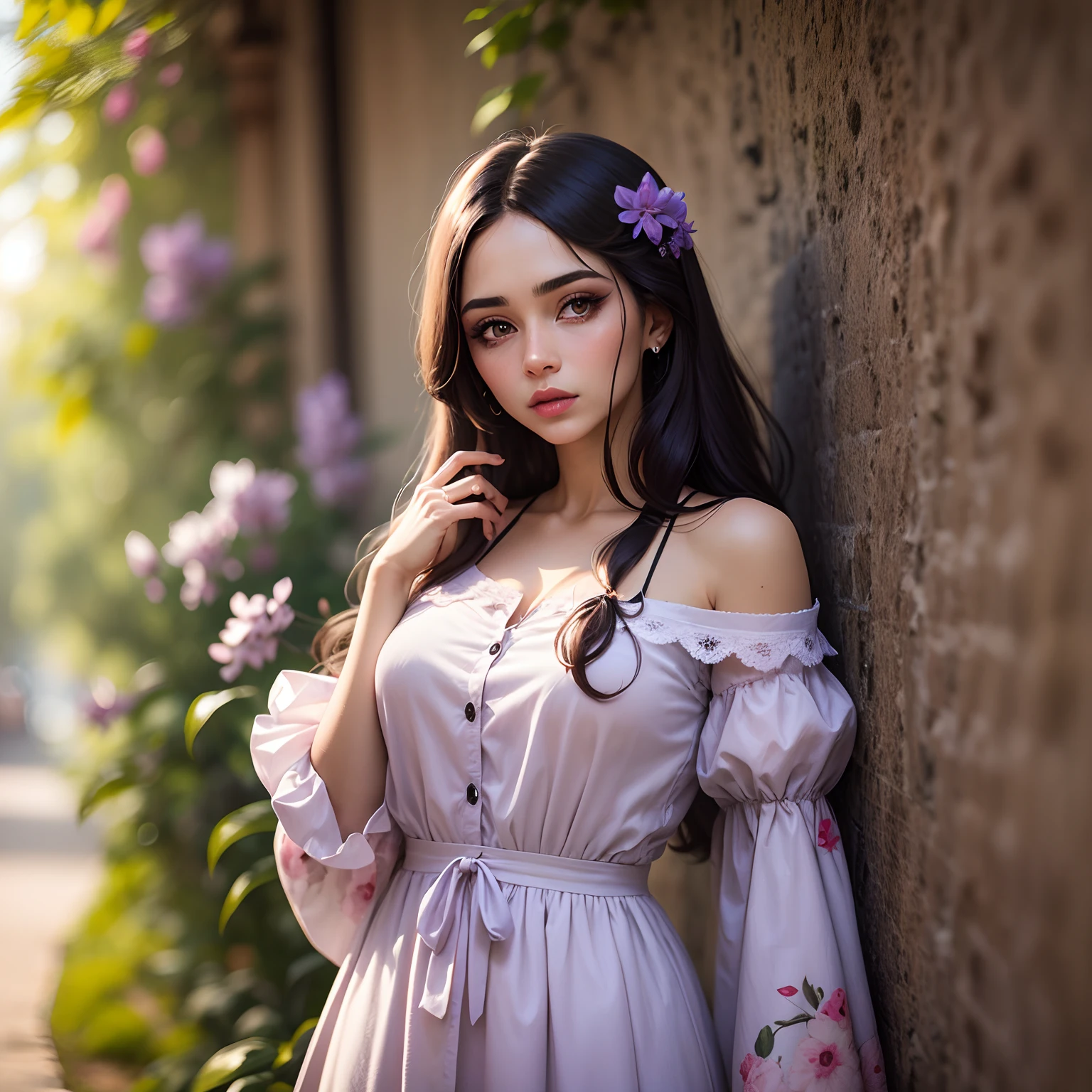 mulher parda rosto bonitor , olhando de lado cabelo andulado preto ,The color of the lilac dress ,com um pingente,usando pulseira,com um fundo de floresta