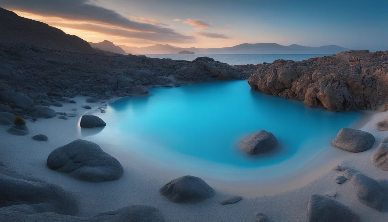 a blue lagoon with arid rocks, gray color a trail, hyper realistic 8k, ultra hd, cinematic style.