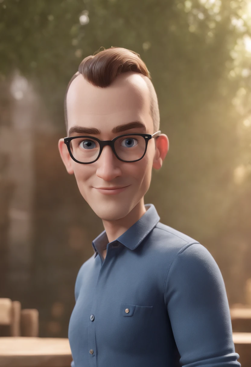 Cartoon character of a man wearing black glasses and a blue shirt, um personagem animado, Caractere estilizado, animation style rendering, 3D estilizado, Arnold Maya render, 3 d render stylized, toon render keyshot, Personagem 3D, Personagem 3D, 3d rendering stylized, 3 d character render, personagem de desenho animado, Personagem de close up, Pose de personagem, (Estilo Pixar) (master part:1.2) (Bokeh) (best quality) (pele detalhada) (textura detalhada) (8k) (argila) (Cinematic lighting) (foco nítido，Senta e vaza a parte superior do corpo