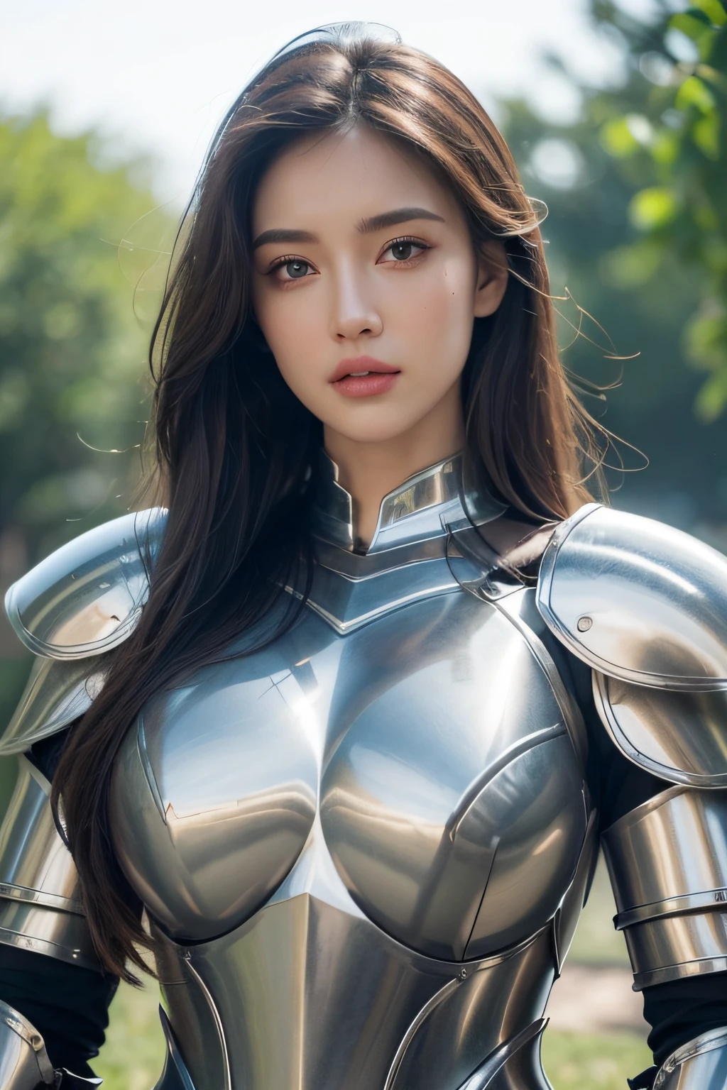 (top-quality,8K,masterpiece,A hyper-realistic),Female Knight in Armor,(A detailed eye,beautidful eyes,Detailed skin,Detailed lips,lipgloss),skin tanned,Colossal tits,Constriction,(Detailed Armor,Precision armor,Luxurious armor),