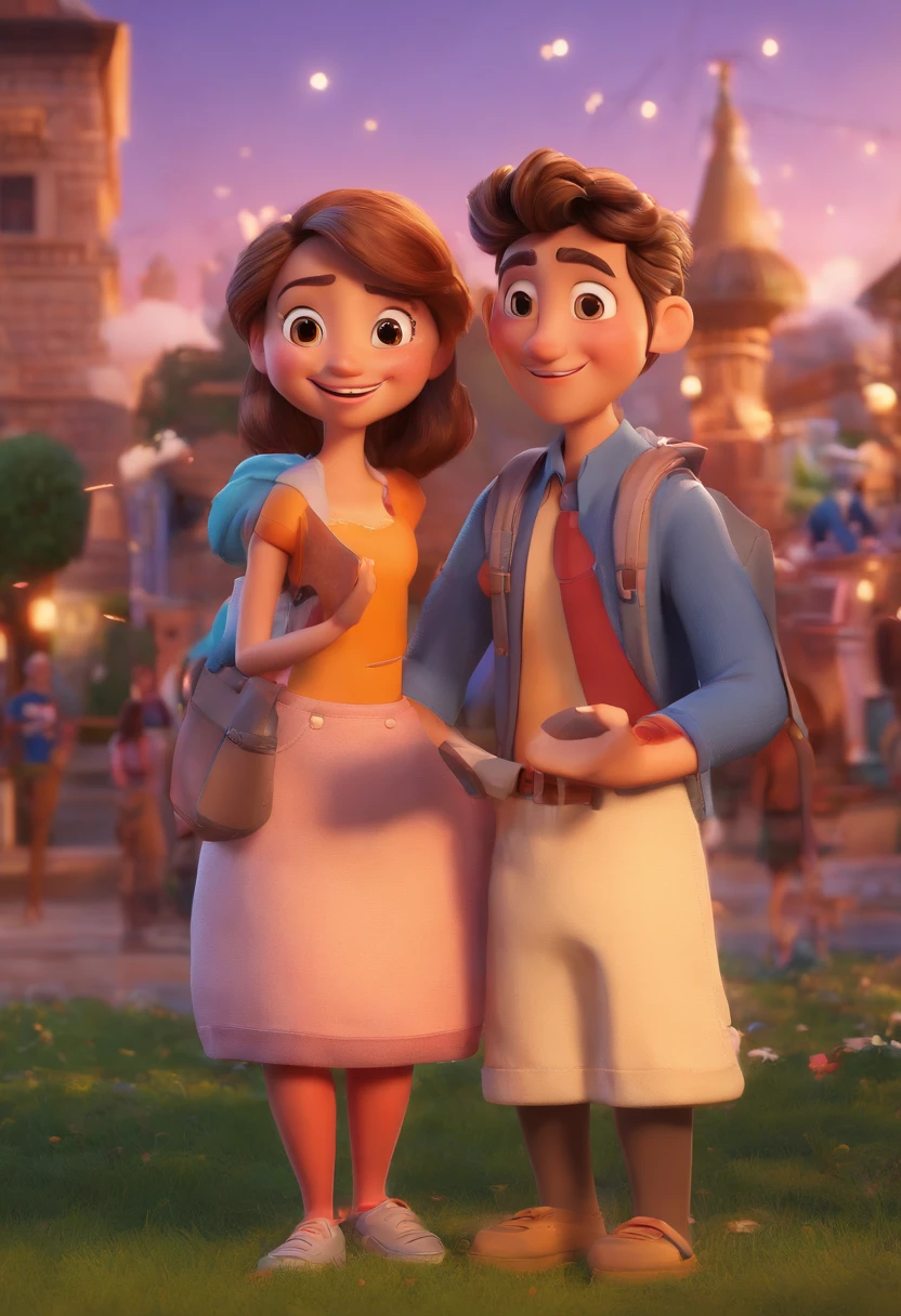 An illustration of an adorable couple, Destacando um homem e uma mulher com bela, Expressive eyes – the man's hair is brown and he has a sawed-off beard, while the woman's hair is tied in a bun and brown. They're a brilliant space, Todos com um sorriso no rosto, e compartilhe um momento especial, That is marked by love, viagem, e Ilustre esta cena a partir de uma perspectiva, where they're facing away from the camera, Show Your Connection. Desenvolva esta arte em Full HD, Focus on your cinematic touch, Estilo Disney Pixar Animations