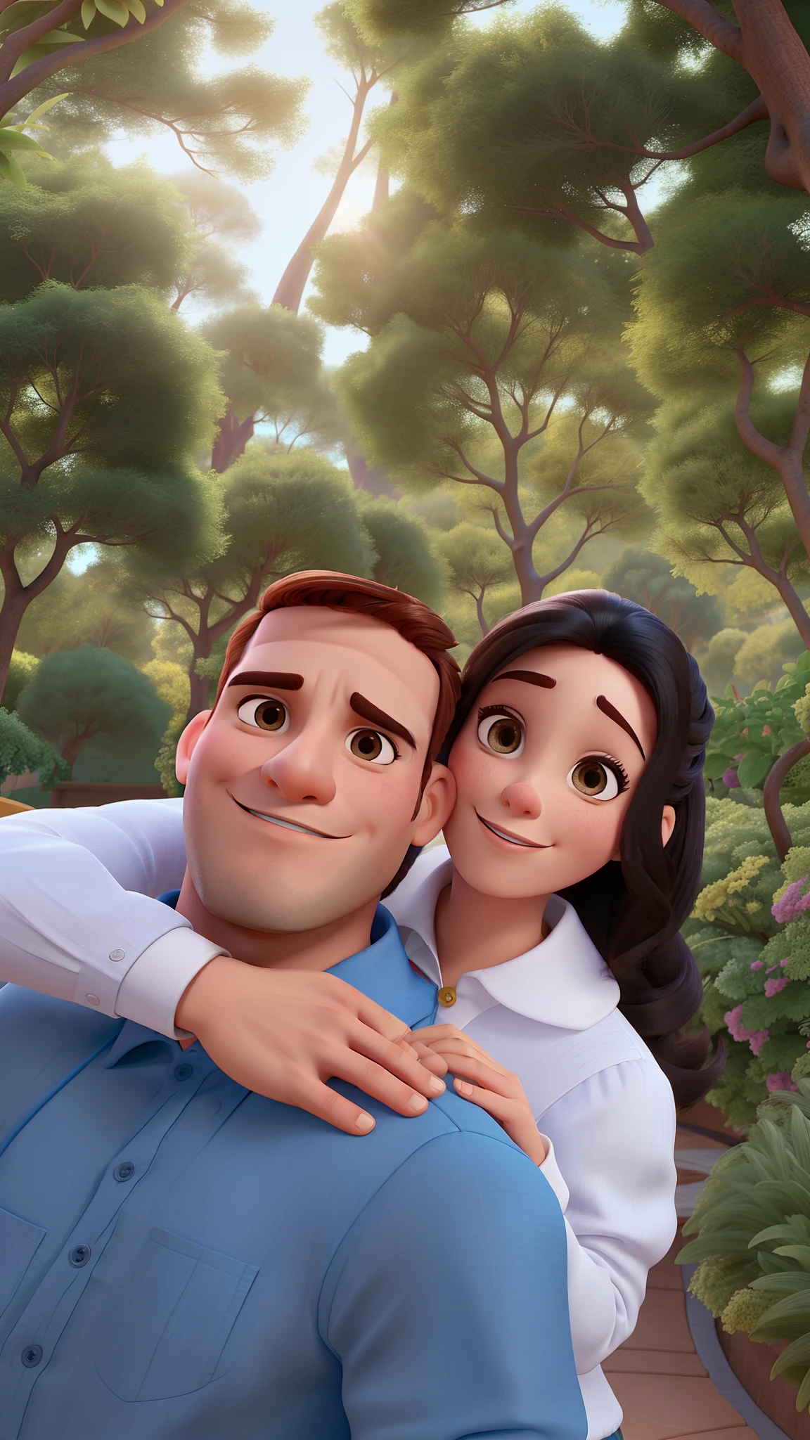 Casal (homem moreno e mulher branca) no estilo Disney Pixar, alta qualidade, melhor qualidade.