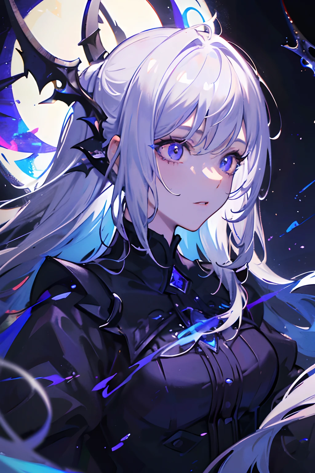 (masterpiece, best quality, ultra-detailed, best shadow), (detailed background,dark fantasy), (beautiful detailed face), high contrast, (best illumination, an extremely delicate and beautiful), ((cinematic light)), colorful, hyper detail, dramatic light, intricate details, (1girl, solo,white hair, sharp face,purple eyes, hair between eyes,dynamic angle), blood splatter, swirling black light around the character, depth of field,black light particles,(broken glass),magic circle,