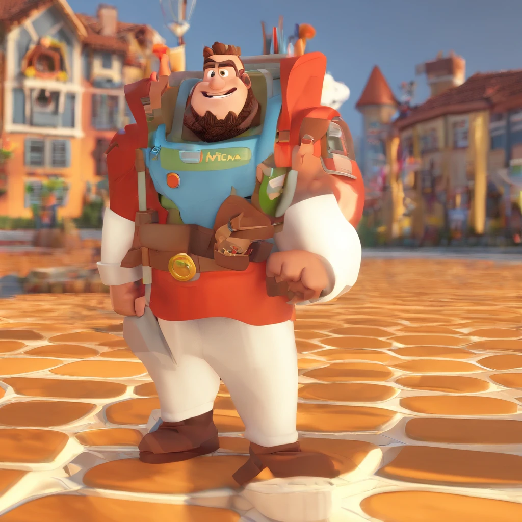 Criar um personagem no estilo Pixar. Trata-se de um homem de 30 anos, com barba, Branco, com cabelos castanhos curtos e um quiff, e olhos castanhos. Ele deve estar na frente de um computador, Trabalhar como designer