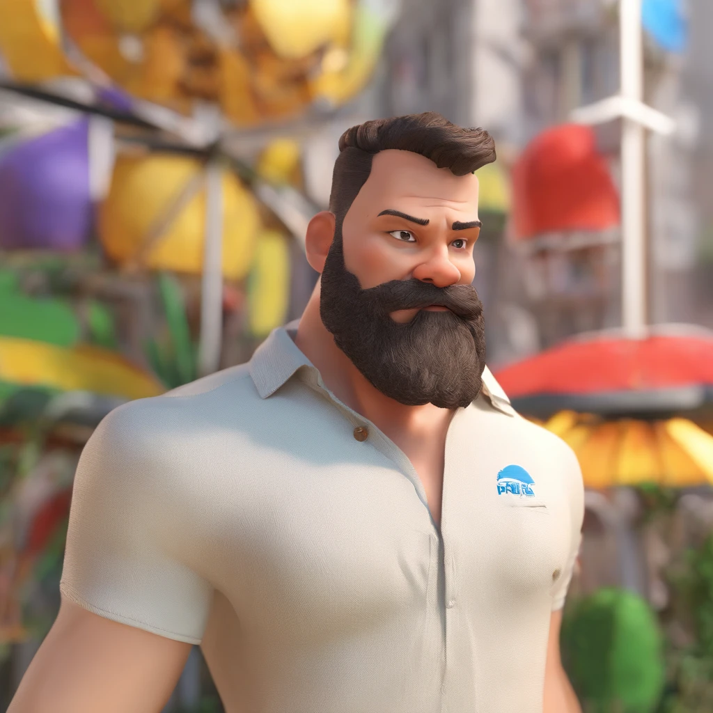 Criar um personagem no estilo Pixar. Trata-se de um homem de 30 anos, com barba, Branco, com cabelos castanhos curtos e um quiff, e olhos castanhos. Ele deve estar na frente de um computador, Trabalhar como designer