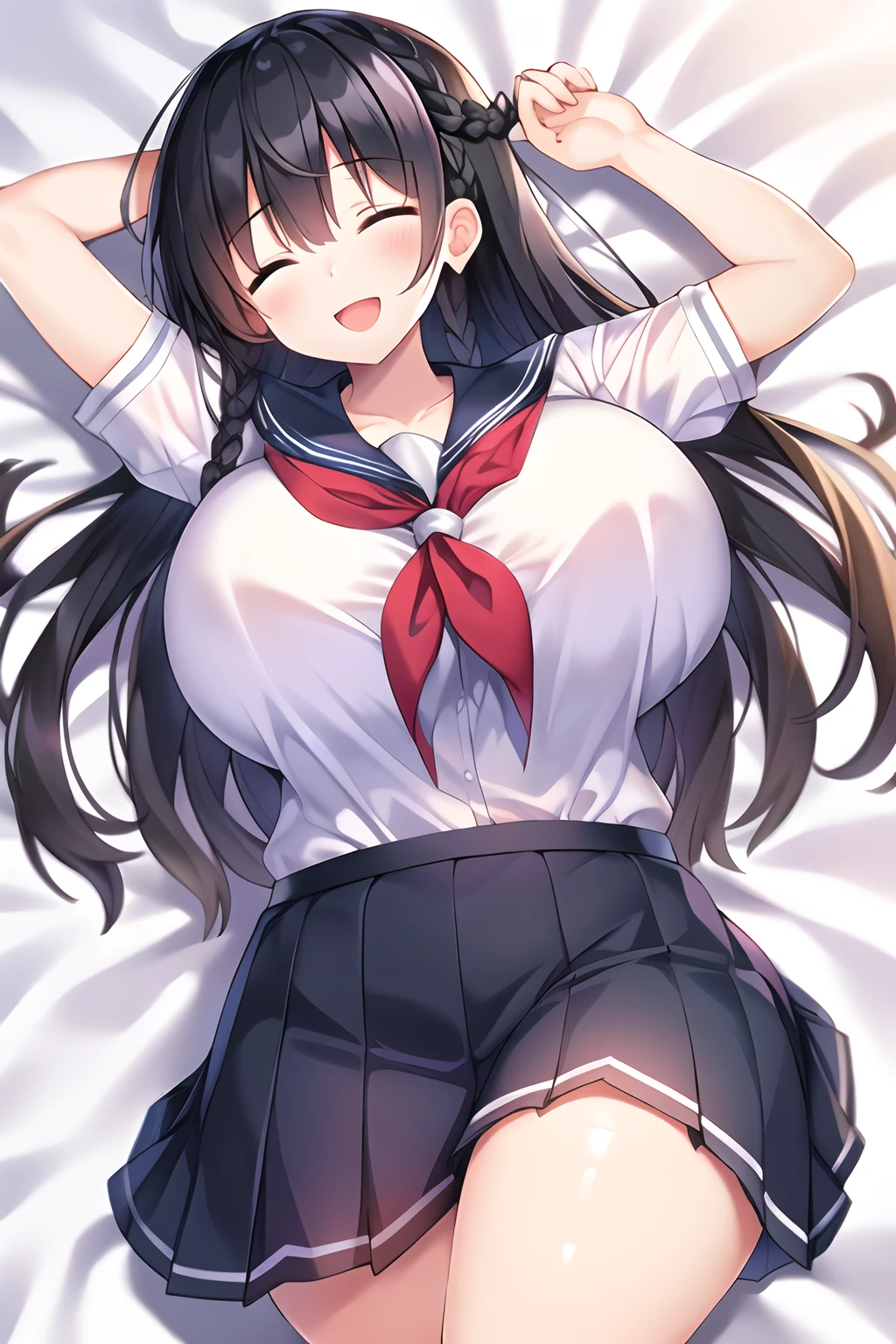 (1girl), (black hair:1.1), (braid), (huge breast), (sleep:1.2), (:d), (Intricate Iris Details), (School uniform), (white shirt), (bed sheet), (on back), (thigh)
