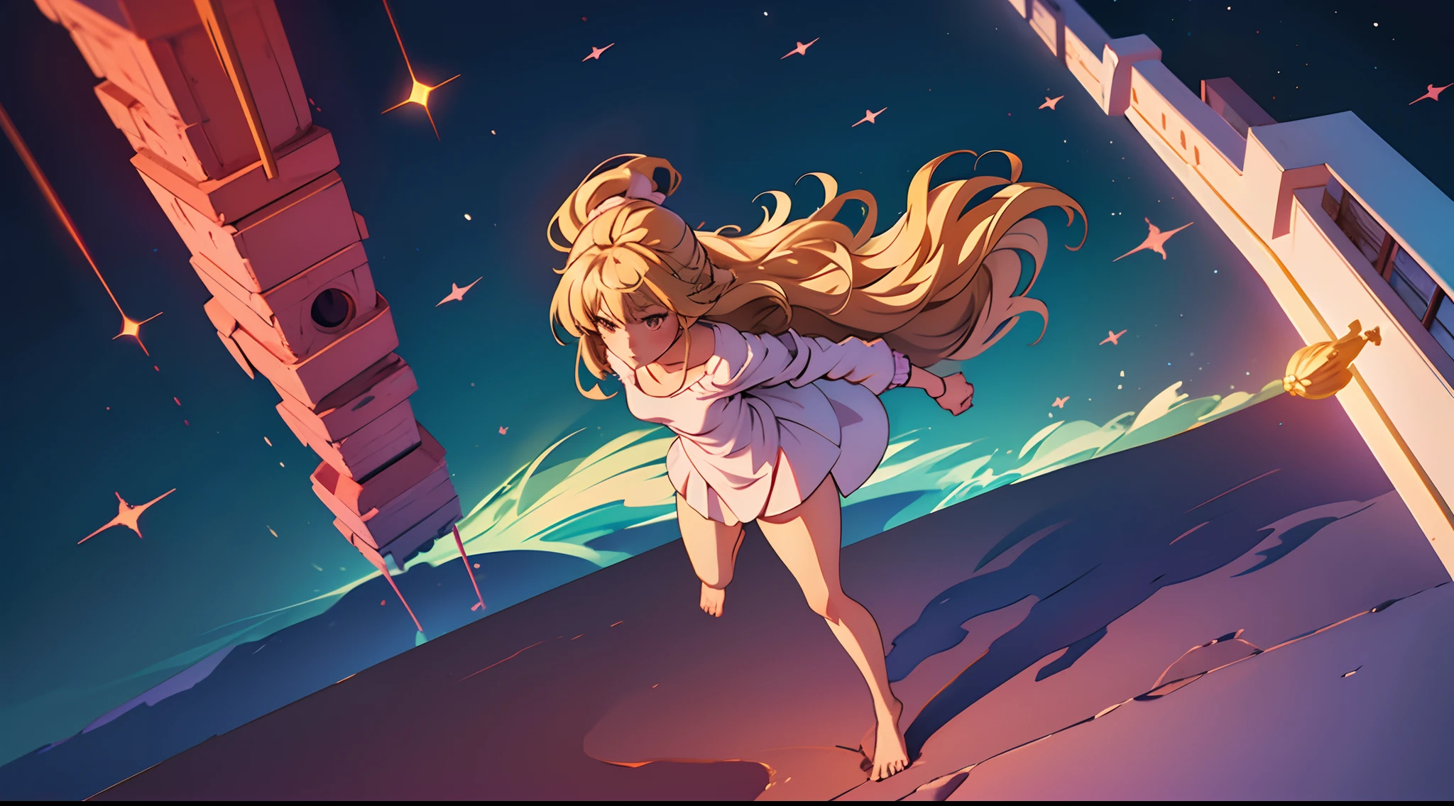 (Masterpiece, Best Quality),Photorealistic, films, anime girls, 1 Girl, ((Full-body shot:1.5)), Head-to-toe visibility,A woman is sleeping on a bed with white sheets, Dreamy illustrations, (deep night),Pajamas, (Angle from above:1.2), Add warmth to the scene, Only the lights are shining on her,She is dressed in delicate pajamas, A fluffy blanket gently draped over her, Its hue is deep and muted burgundy, It creates a soft contrast with her vibrant hair, 15 year old,Face Details, She has long flowing blonde hair, 独奏,daoshi --auto