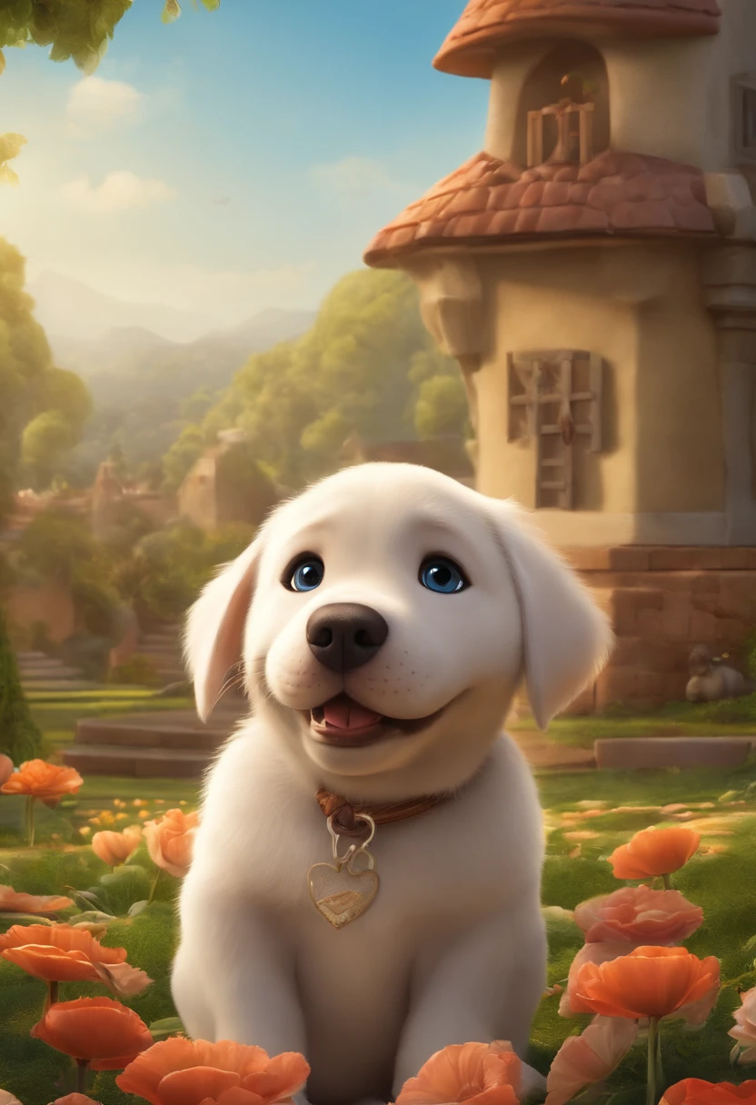 Create a poster inspired by Disney Pixar movies, apresentando um casal acompanhado por uma menina bebe com cabelos castanhos escuros, Full lips and bluish grey eyes and silly face together with white bully puppy girl, cachorrinho de pele bem cuidada com dentes caninos afiados e pontiagudos brincando. The poster is titled 'Maitê' Digital art should be in Pixar style, reminiscent of an animated feature.
