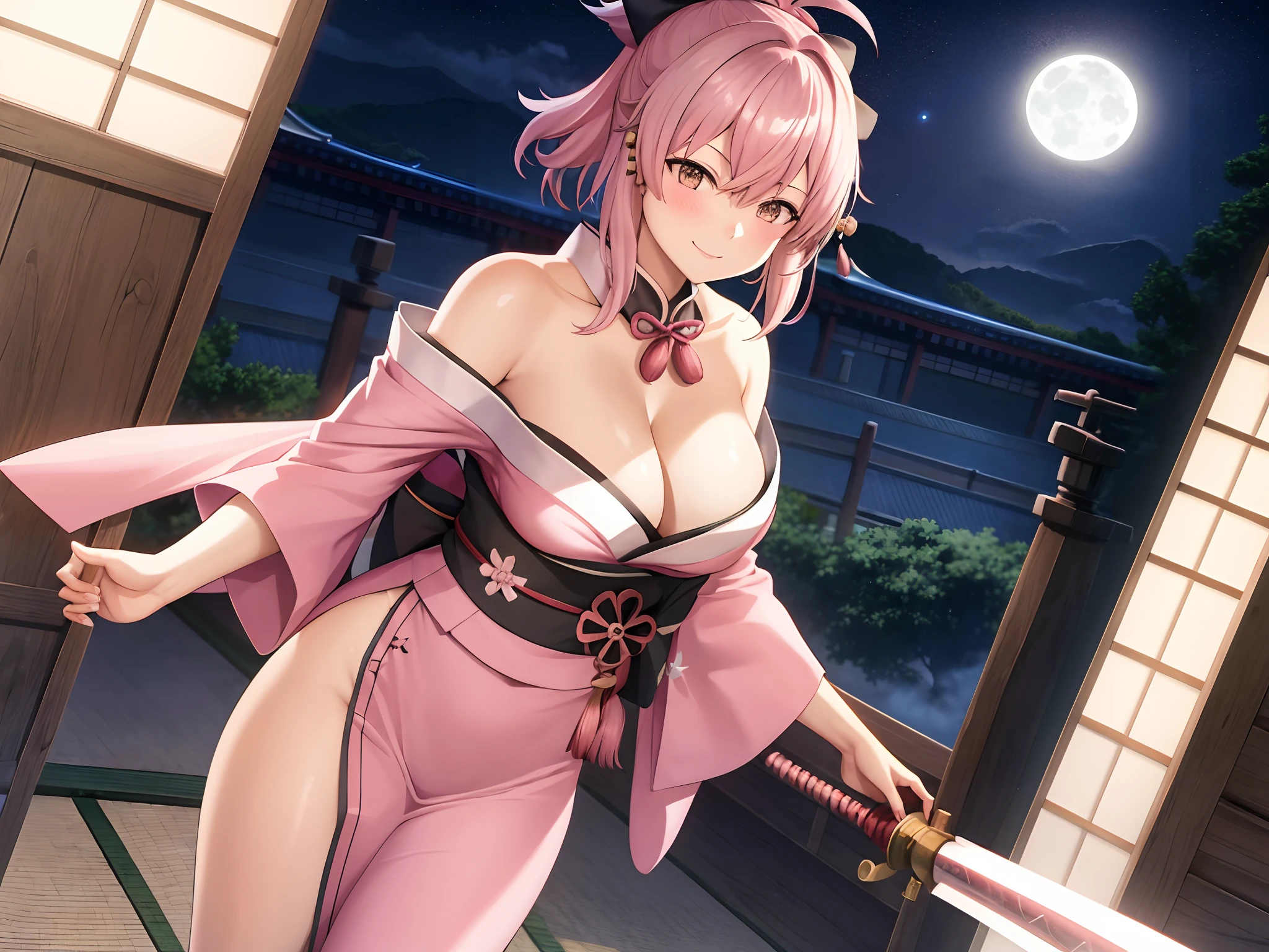 masterpiece, best quality,extremely detailed CG unity 8k wallpaper, (landscape orientation)
BREAK
1girl,okita souji \(fate\), holding a samurai sword, standing, light pink haori,blush,smile, , (hourglass figure), (perfect slender body), full body, side angle view
BREAK
(Moonlit Japanese dojo) , overlooking green landscape, cloudy night sky