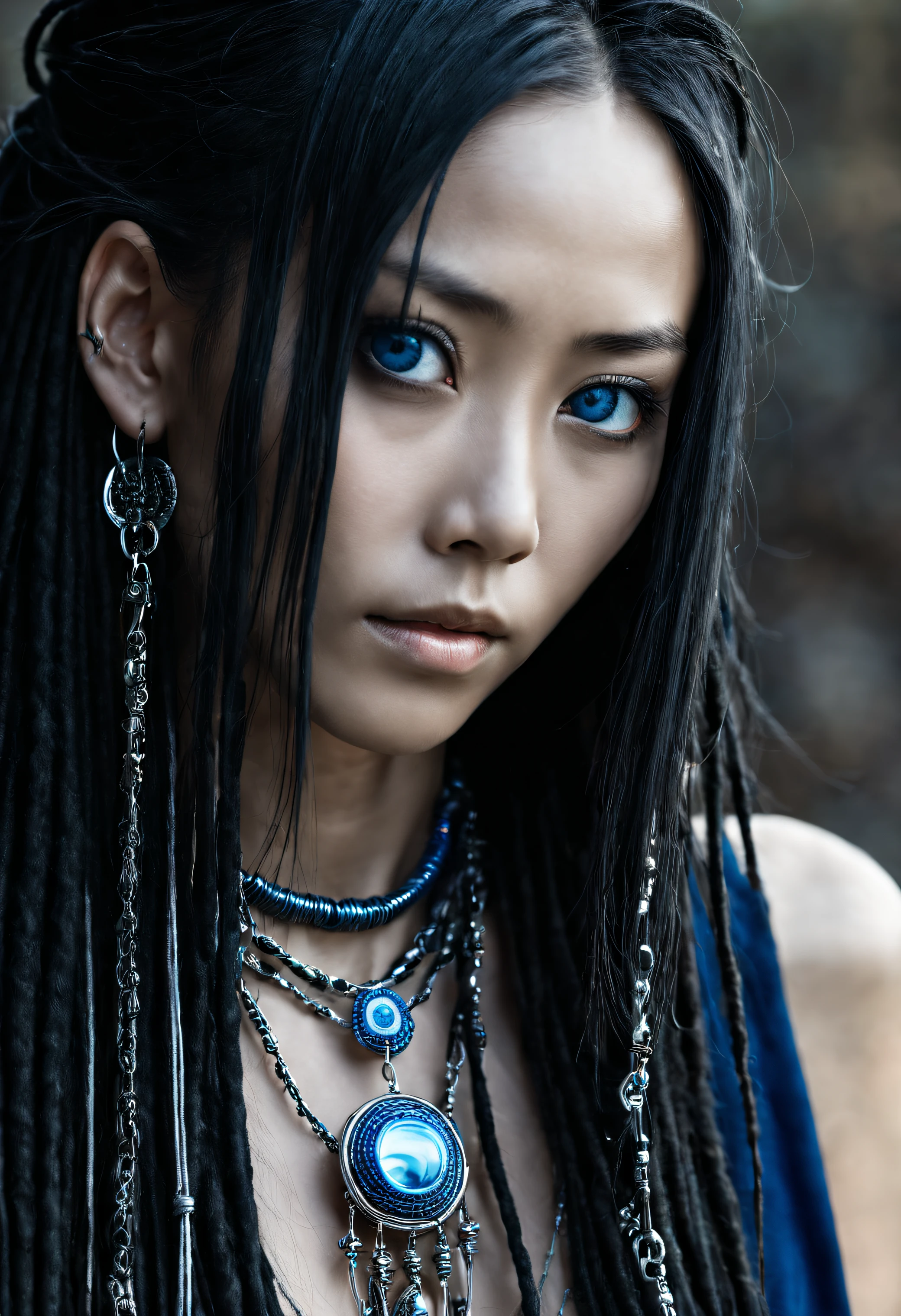 close up portrait photography, beautiful japanese female with very long black dreadlocks and loose hair, long beautiful slender elegant confident fine lined face, beautiful big dark blue eyes, elegant fine thin silver face chains accessories, fantasy tribal glamour inspired