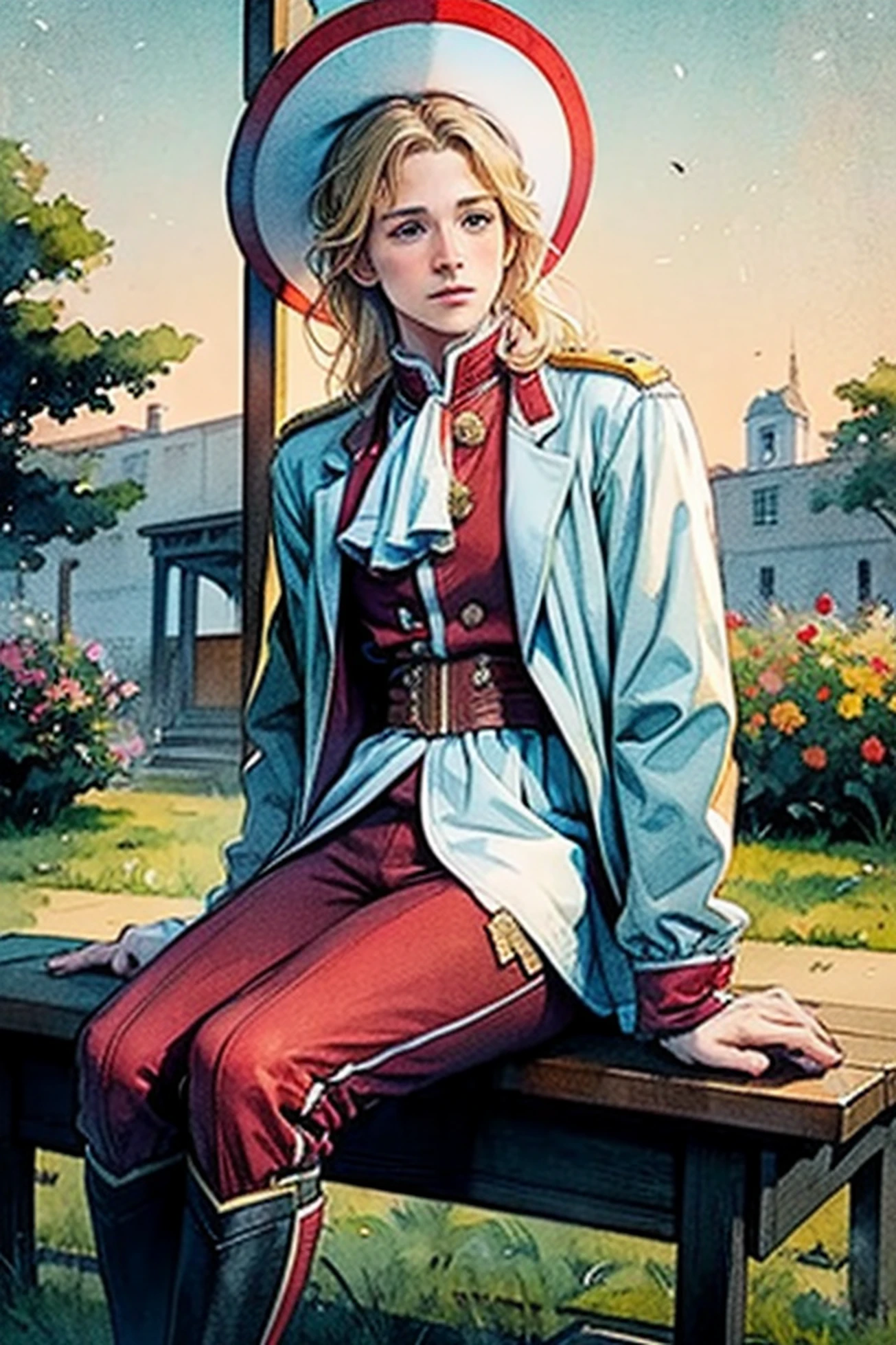 Middle-aged Ryan Gosling wearing 1790s XVIII century Austrian military uniform (red breeches and white coat with red & gold trimmings) and a black tricorn hat. Blond hair in a queue. He is sitting on a stone bench in front of viewer with gardens in the background, looking into the distance. Frontal view. Sad expression. golden hour. Summer evening. Watercolors, pencil. Quick rough sketch with few details. Realistic, minimalistic, 2.5d
