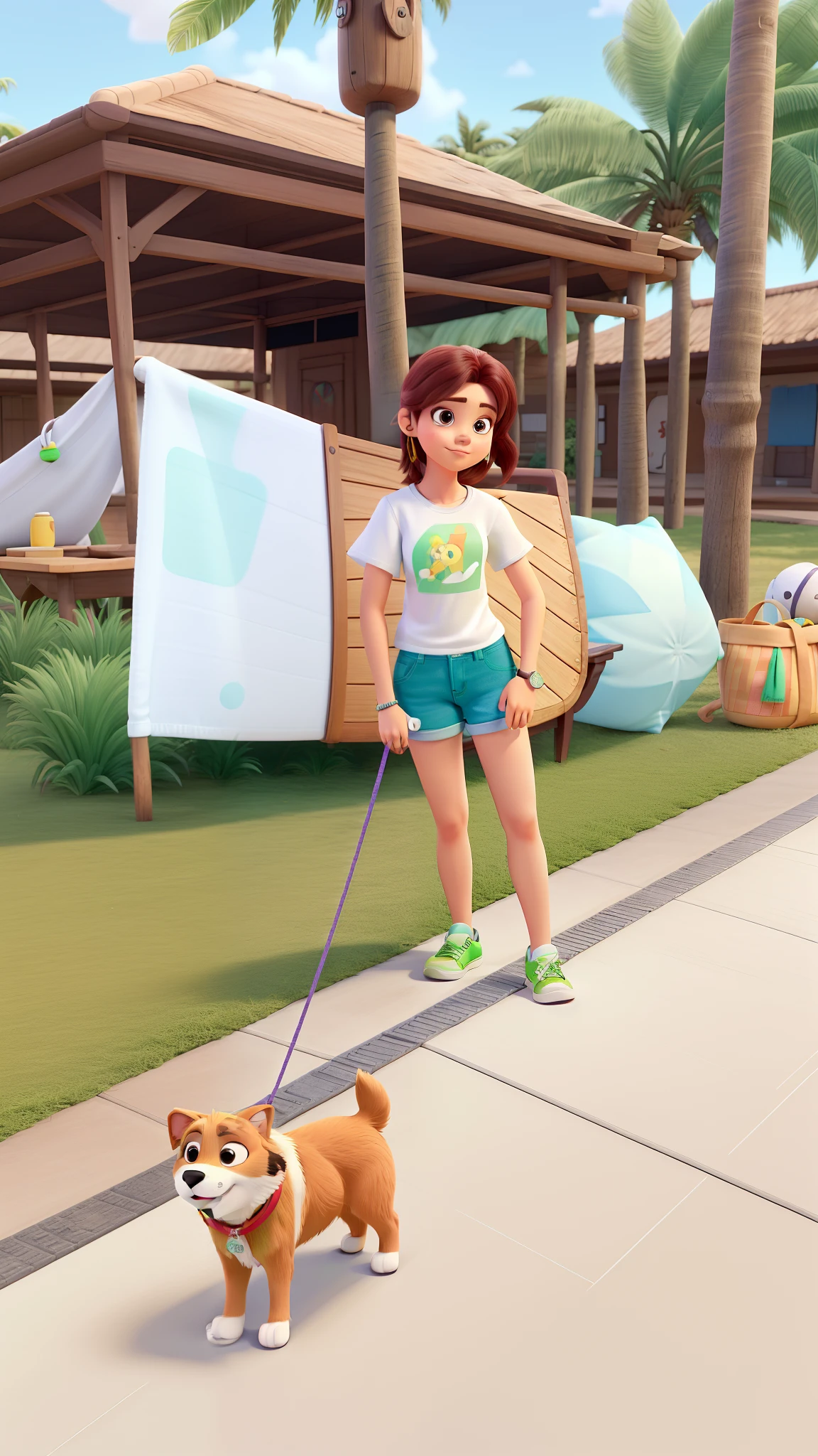 Recriar foto estilo Disney Pixar, mulher com shorts jeans , White t-shirt and green sneakers. Cabelos liso, watch on wrist, Holding a puppy that's attached to a leash