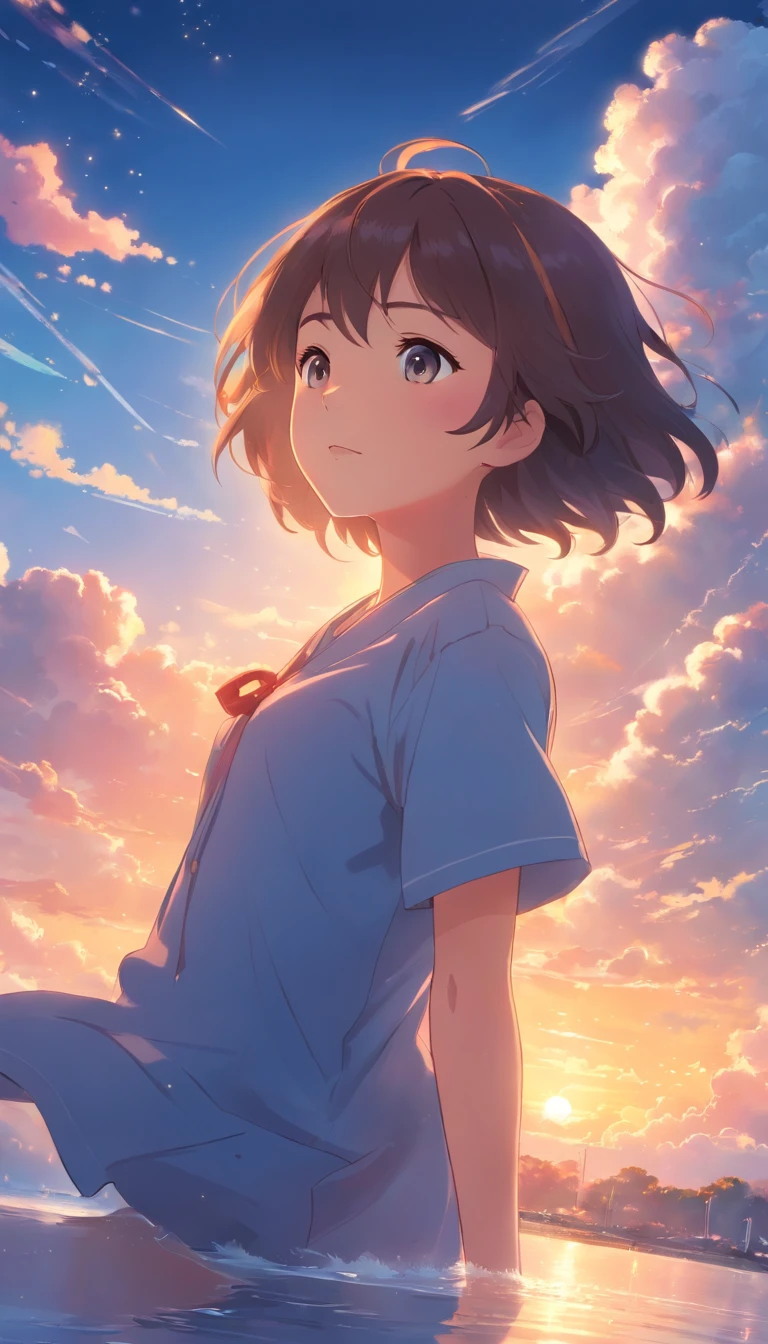 masterpiece, best quality, movie still, 1girl, cloud girl, floating in the sky, close-up, bright, happy, warm soft lighting, sunset, (sparks:0.7)
