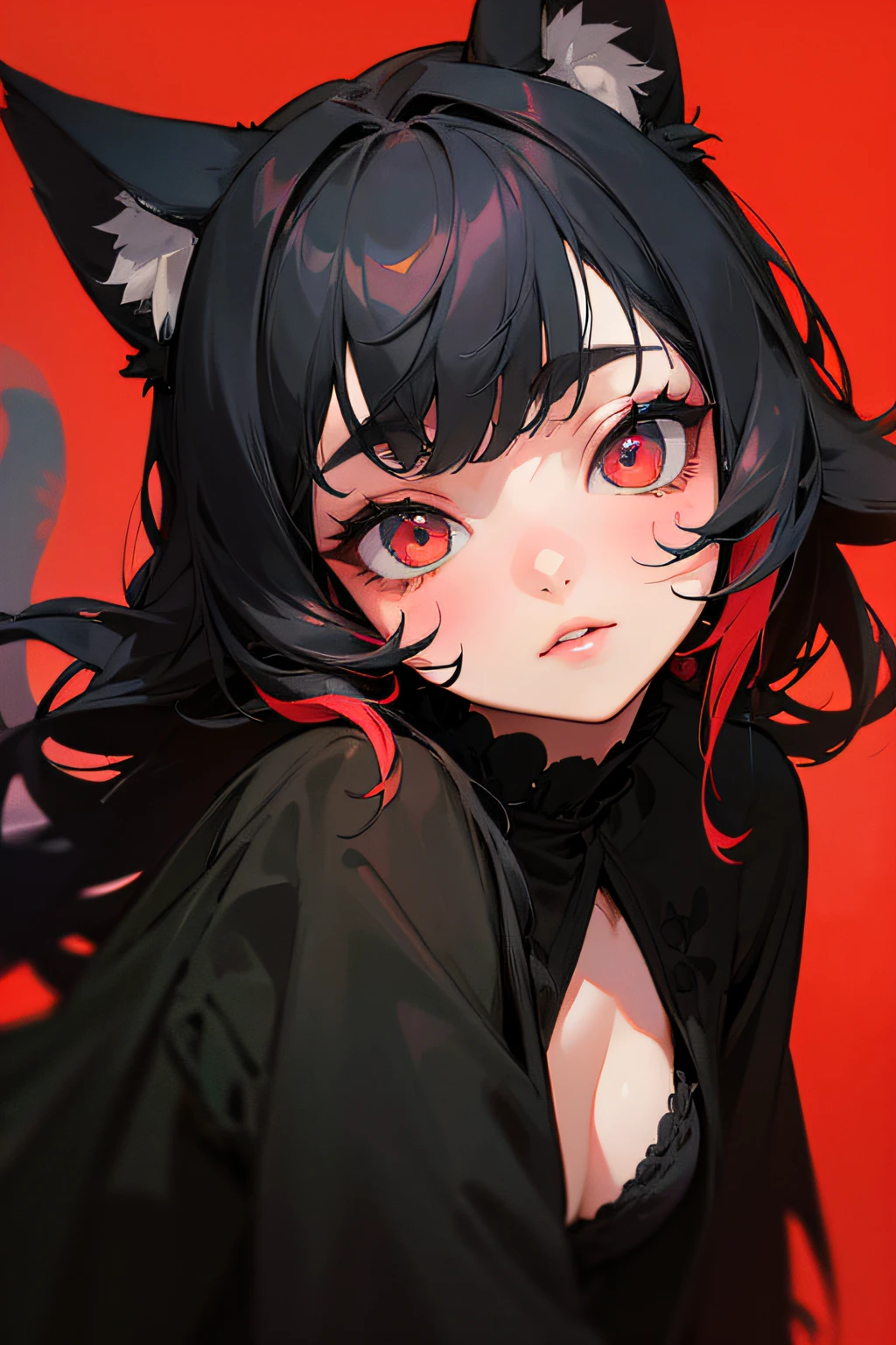 (hight resolution,Masterpiece:1.2),Vivid colors,beautiful detail eyes,beautiful detailed lips,long eyelashes,black coat,fluffy fur,cute expression,Feline Grace,Let's move on to the camera,on a red background,Greenery and plants on stage, ciberpunk