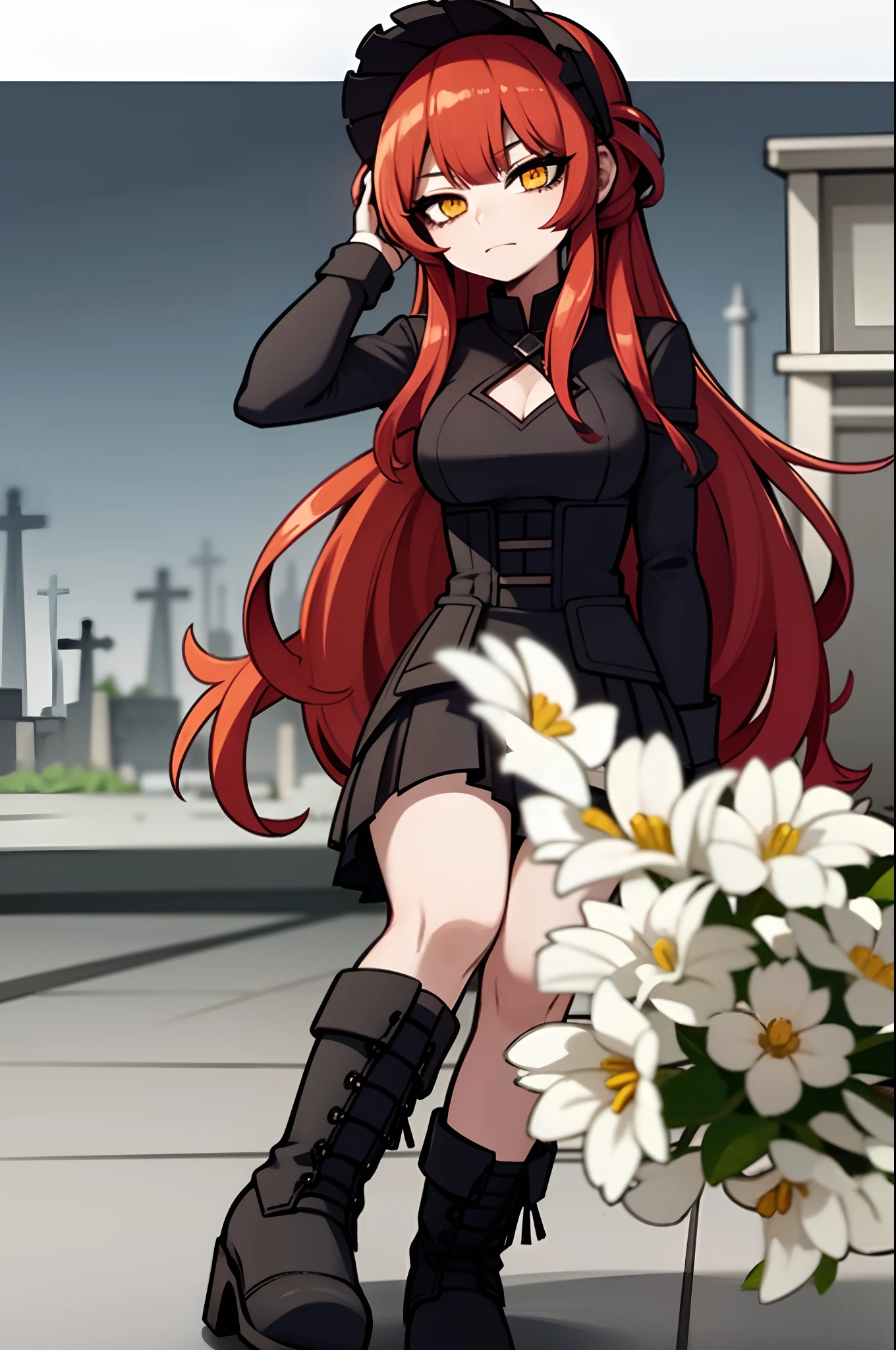 young woman, red hair, yellow eyes, black dress, twintails, black boots, gothic ta, goth, white flowers in scenerie, 4k, in a cemetery, 4k, cloudy time, grey sky, looking at viewer, mannequins behind,