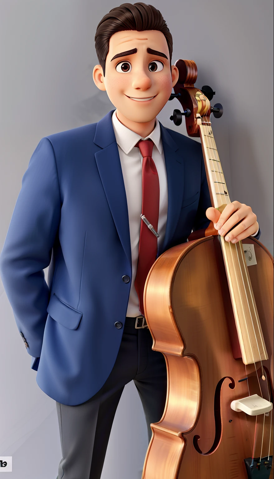 um garoto de 1,70 de terno e gravata segurando um violoncelo em um fundo cinza