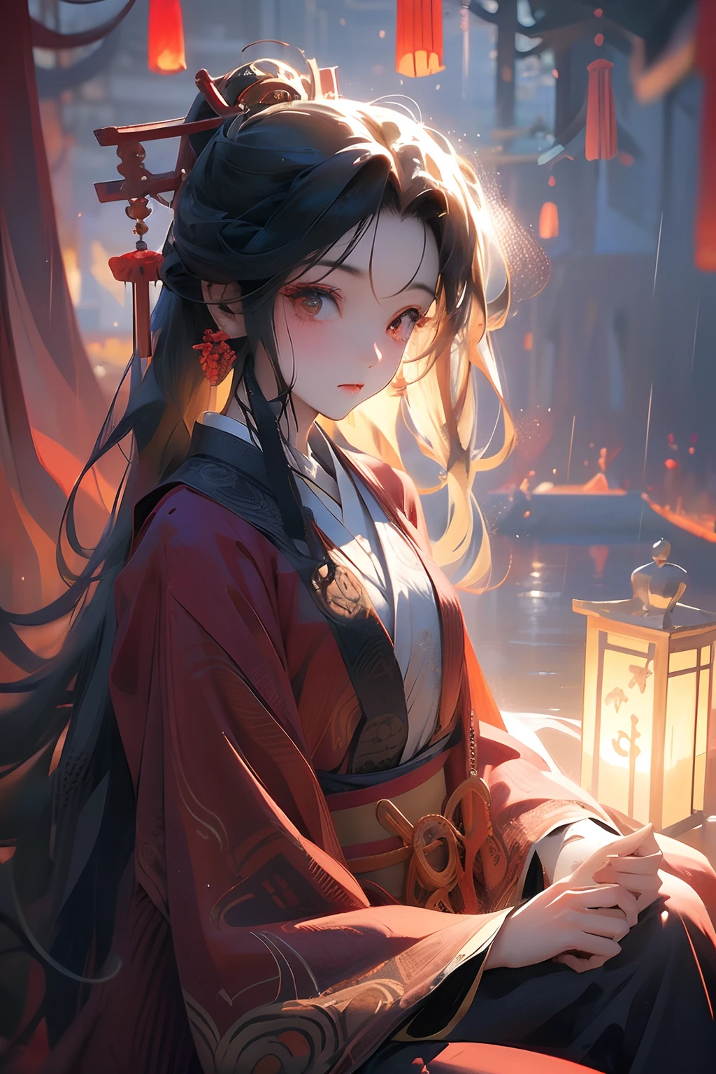 A woman，Antique Chinese style，Standing in a sea of fire，Best quality，Clear face，Madness in the eyes