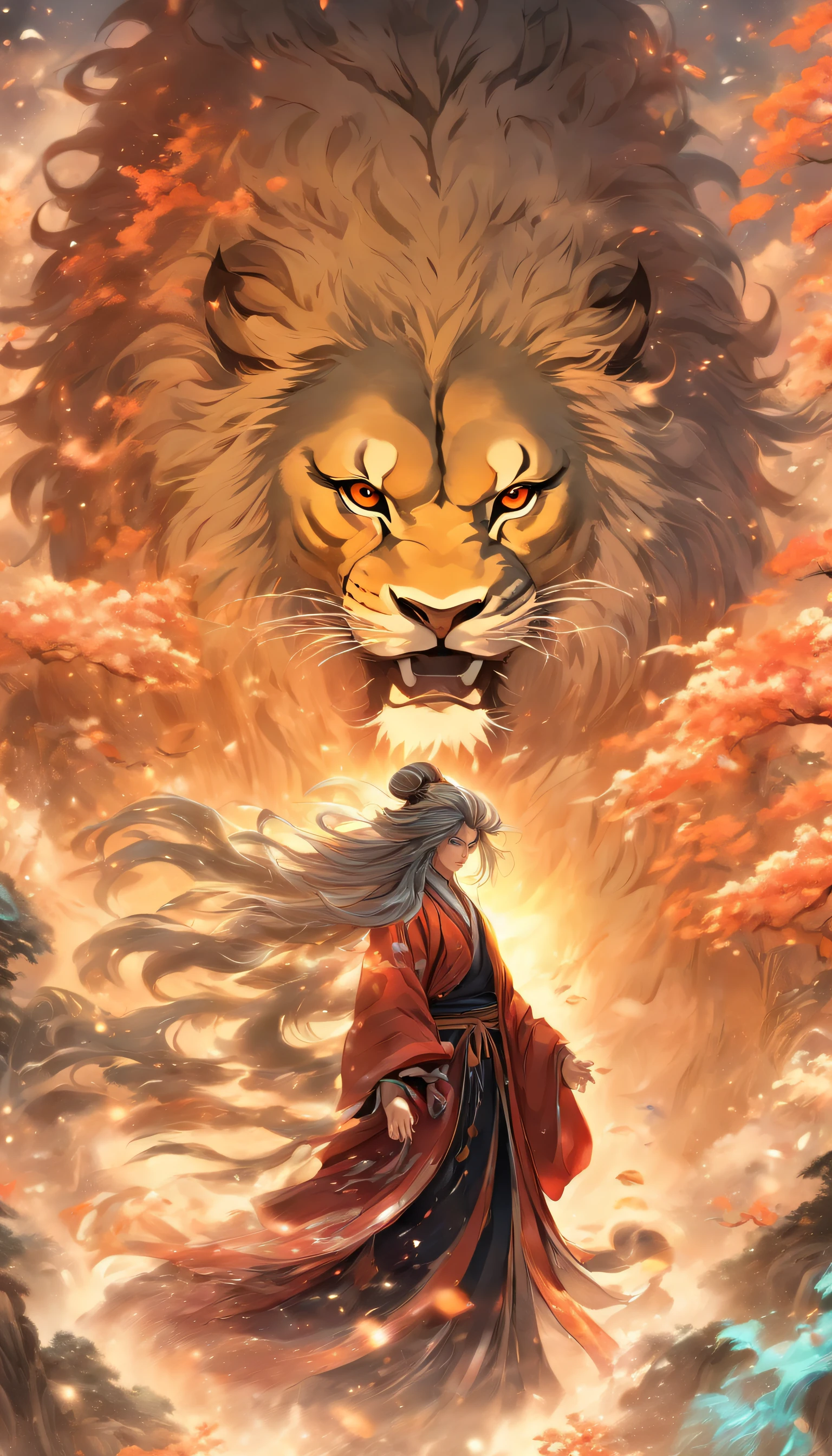 China style，中景 the scene is，The Taoist priest stood in front of a huge transparent lion，reaching out her hands，Long messy hair，Glow effect，Hyper-realistic，Ultra photo realsisim，Chinese black and white ink style，Silver，Decolorization，Smudge，Inky，8K，super-fine，high qulity，OC renderer