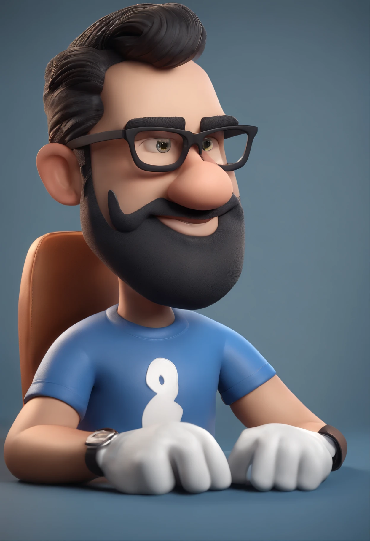 Cartoon character of a man wearing black glasses and a blue shirt, um personagem animado, Caractere estilizado, animation style rendering, 3D estilizado, Arnold Maya render, 3 d render stylized, toon render keyshot, Personagem 3D, Personagem 3D, 3d rendering stylized, 3 d character render, personagem de desenho animado, Personagem de close up, Pose de personagem, (Estilo Pixar) (master part:1.2) (Bokeh) (best quality) (pele detalhada) (textura detalhada) (8k) (argila) (Cinematic lighting) (foco nítido,Senta e vaza a parte superior do corpo