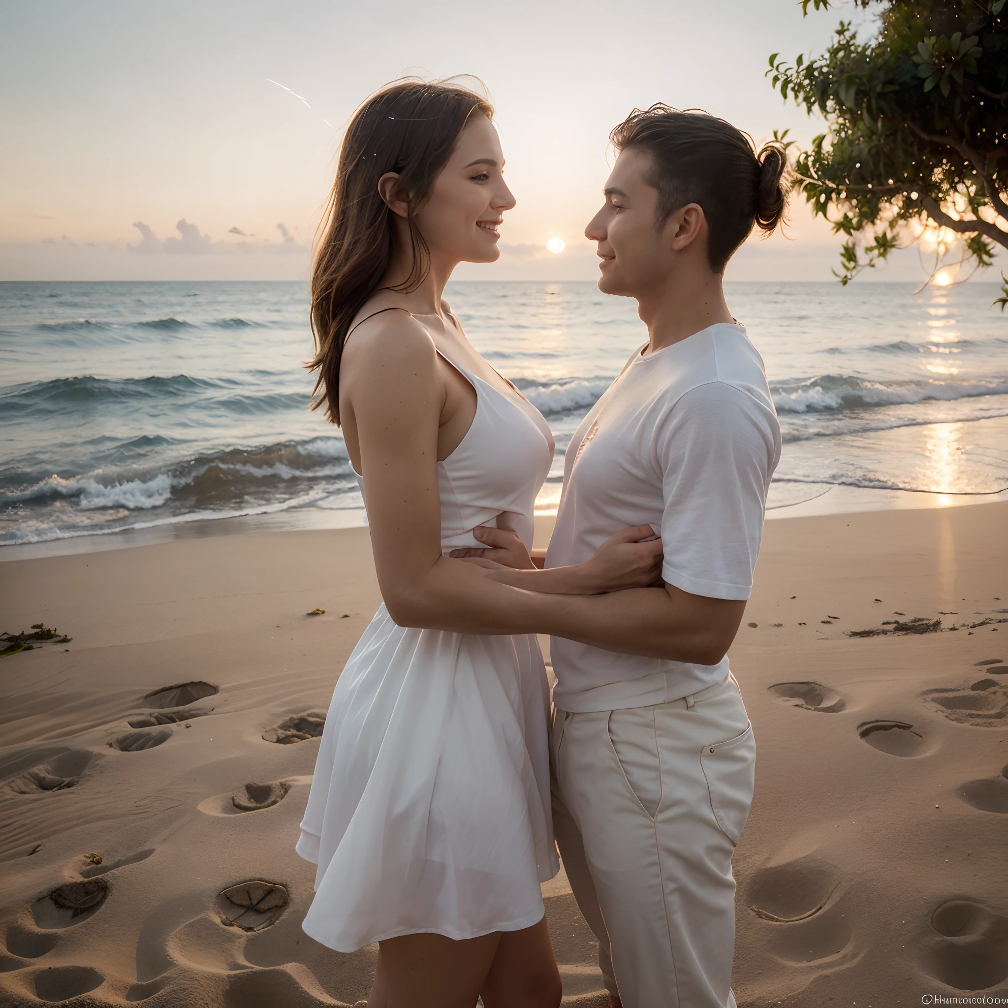 (((2heads))),1man with short dark hair and no facial hair next to a pale red headed woman, at a beach in dubai, dubai skyline in the background, , (Best Quality, 8k, Masterpiece: 1.3), Clear Focus: 1.2, Perfect Body Beauty: 1.4 , Slender Abs: 1.2, Highly detailed face and skin texture, detailed eyes, , females breasts, oversized low plunge white trasparent robe on a windy day,(( gooey white liquid splattered on face)), full body, ((big bulge))