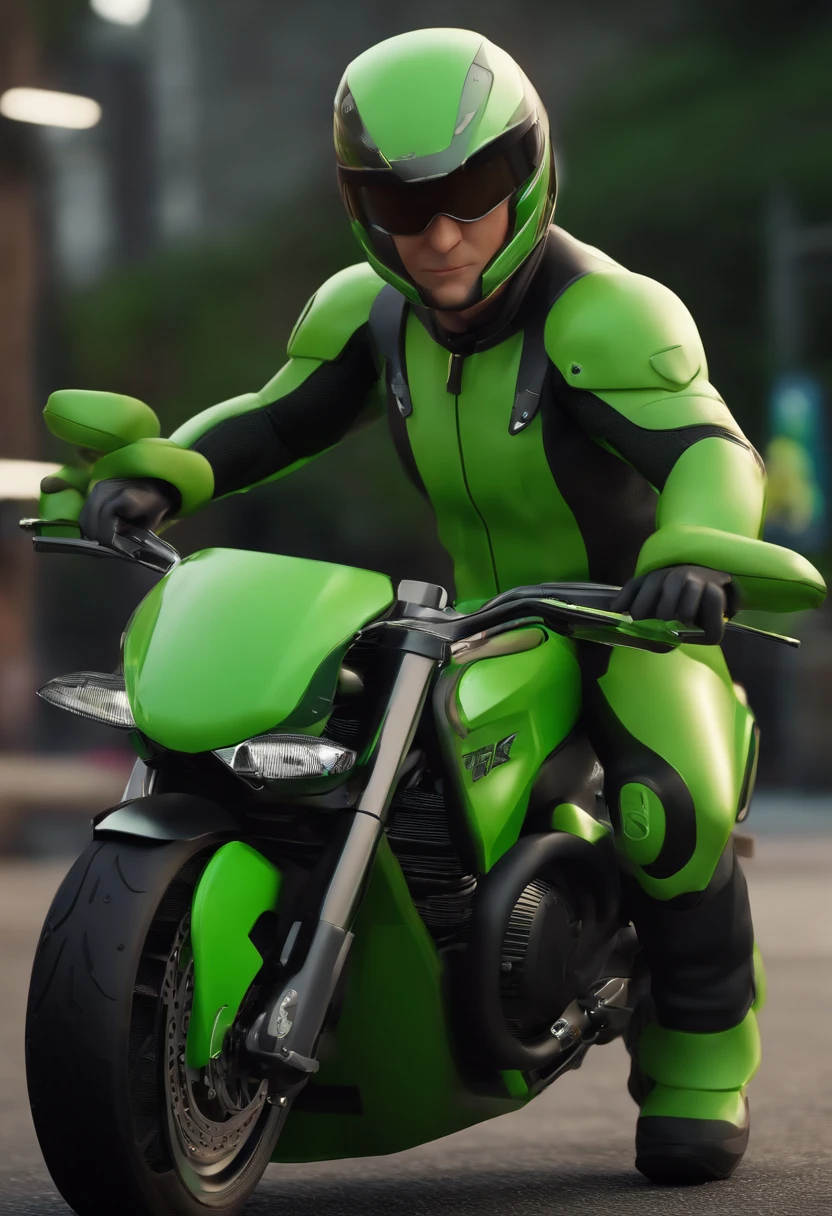 personagem dos desenhos animados de um homem 34 anos, olhos verdes, cabelo  grisalho, usando colete de moto clube, em cima de uma moto custom preta, animation character, Caractere estilizado, animation style rendering, 3D estilizado, Arnold Maya render, 3d stylized rendering, toon render keyshot, Personagem 3D, Personagem 3D, 3d rendering stylized, 3 d character render, personagem de desenho animado, Personagem de close up, Pose de personagem,  (Estilo Pixar) (master part:1.2) (Bokeh) (best quality) (pele detalhada) (textura detalhada) (8k) (argila) (Cinematic lighting) (foco nítido