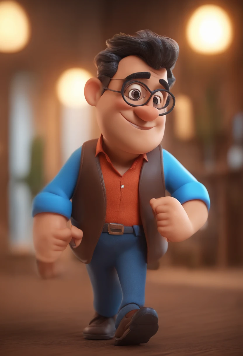 Cartoon character of a man with black glasses, cabelo cacheado marrom escuro e uma camisa azul, animation character, Caractere estilizado, animation style rendering, 3D estilizado, Arnold Maya render, 3 d render stylized, toon render keyshot, Personagem 3D, Personagem 3D, 3d rendering stylized, 3 d character render, personagem de desenho animado, Personagem de close up, Pose de personagem, (Estilo Pixar) (master part:1.2) (Bokeh) (best quality) (pele detalhada) (textura detalhada) (8k) (argila) (Cinematic lighting) (foco nítido